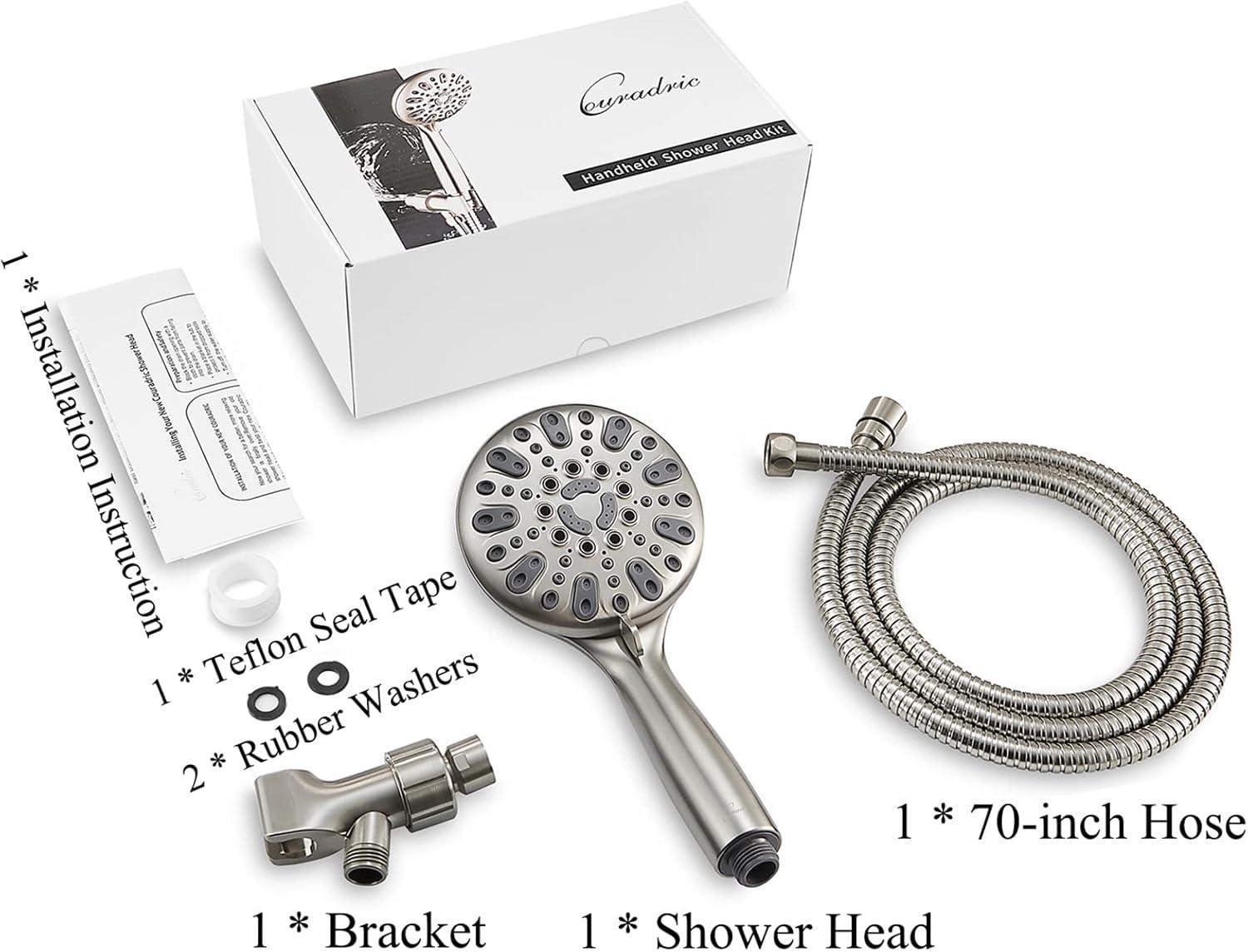 Couradric Handheld Shower Head, 6 Spray Setting High Pressure Shower Head with Brass Swivel Ball Bracket and Extra Long Stainless Steel Hose, Brushed Nickel, 5"