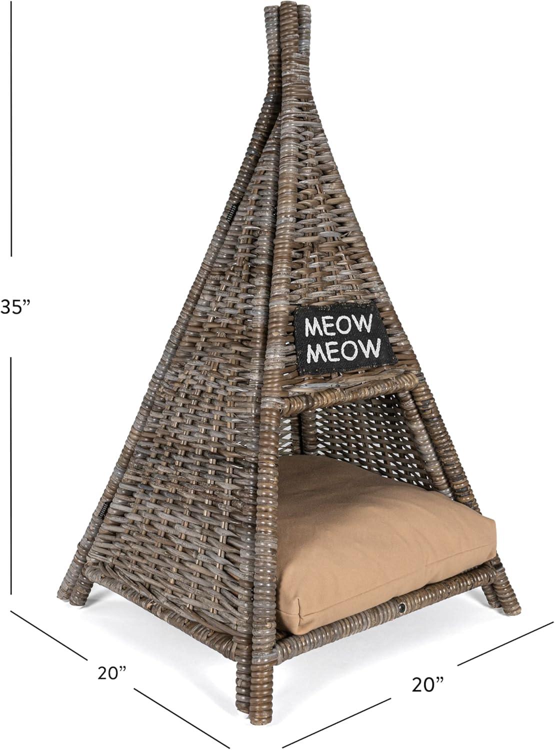 Tiki Tent 20" x 20" Coastal Handwoven Rattan Cat Bed with Machine-Washable Cushion, Kubu Gray