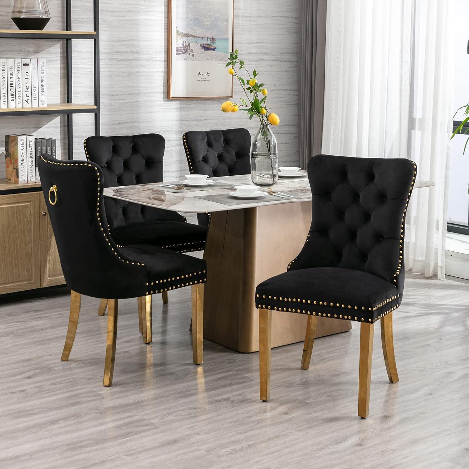 ODUSE-DAILY Black Velvet Dining Chairs Set of 4, Kitchen & Dining Room Chairs, Nailheads Tufted, Sillas De Comedor, Fabric Upholstered, Golden Metal Legs (Black, 4 Pcs)