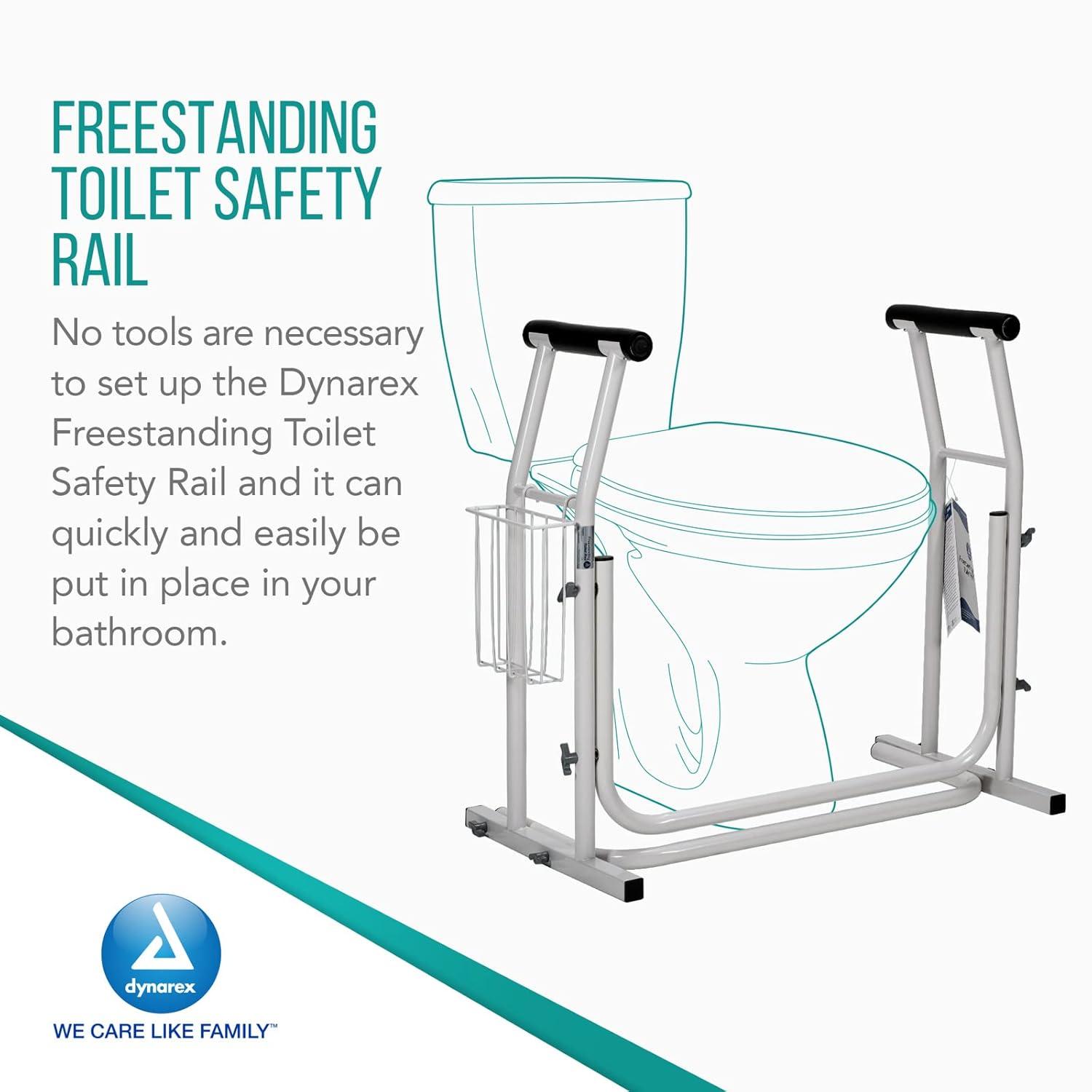 Dynarex Freestanding Toilet Safety Rail - Provides Safe Support for Sitting and Standing with Padded Arms & 300 lb. Weight Capacity, White, 1 Toilet Safety Rail