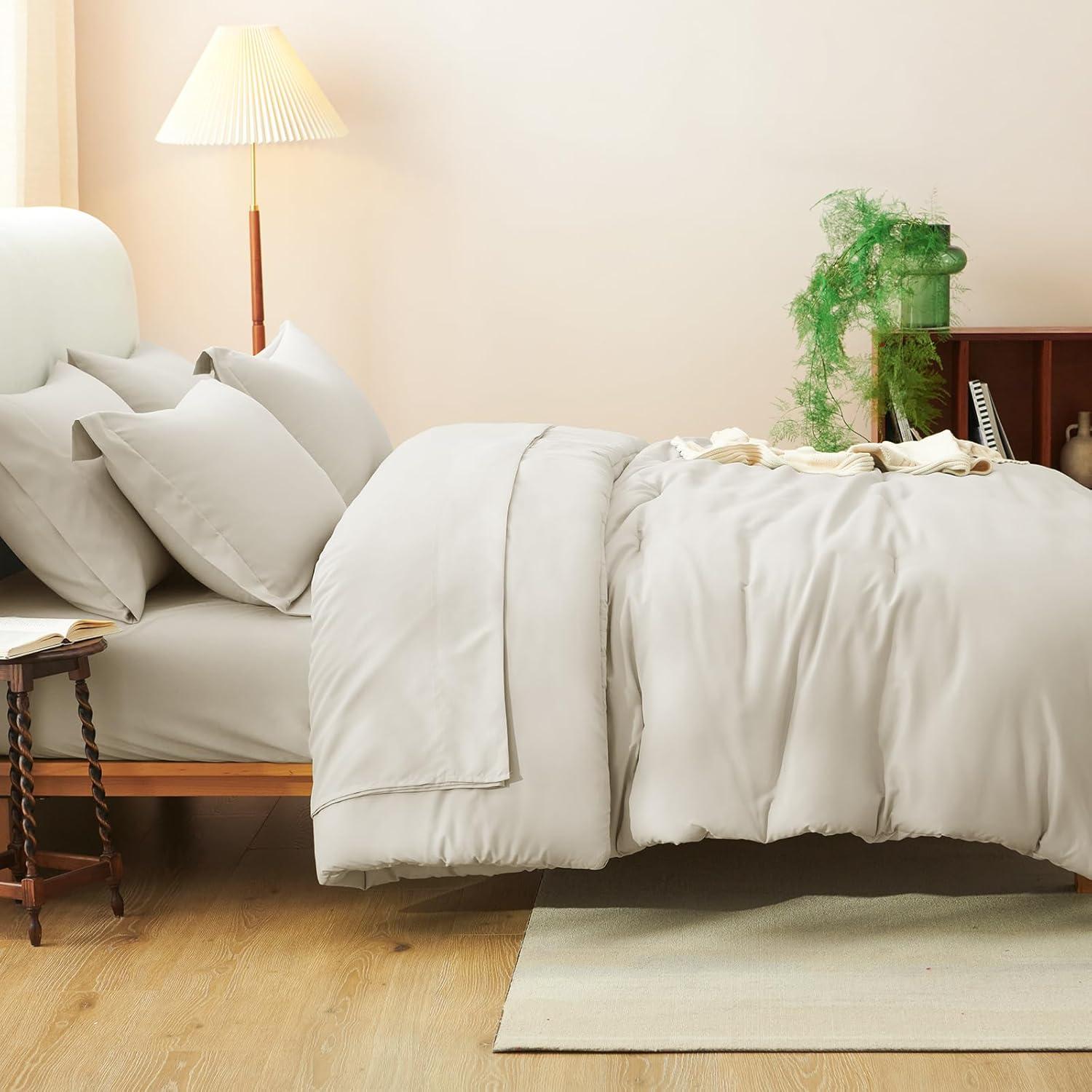 CozyLux Queen Comforter Set Beige, 7 Pieces Bed in a Bag Soft Bedding Comforter Set with Sheets, All Season Boho 7PC Bed Sets with Comforter, Fitted Sheets, Flat Sheets, Pillow Shams and Pillowcases