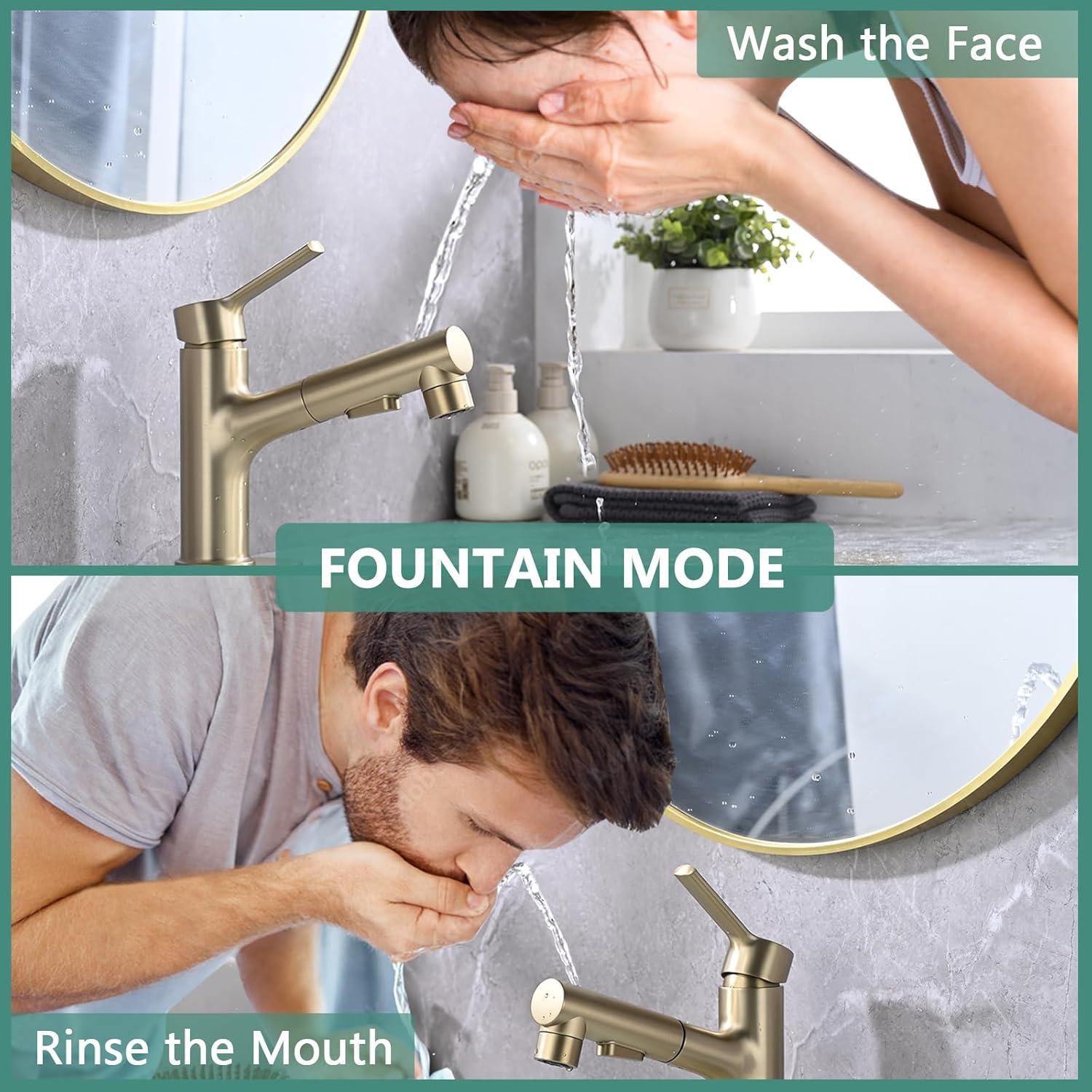 Single Handle 1 or 3-Hole Bathroom Faucet with Deckplate Included and Pull Out Sprayer in Brushed Gold