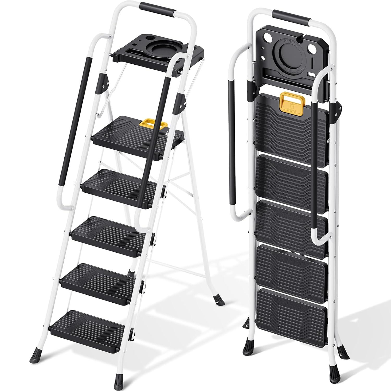 KINGRACK Folding 5-Step Ladder, 800 lbs Capacity Step Stool with Safety Lock, Tool Tray, Non-Skid Wide Steps, Handrail, Household Folding Ladder for Home, Garden, Painting, Outdoor, and Garage, White