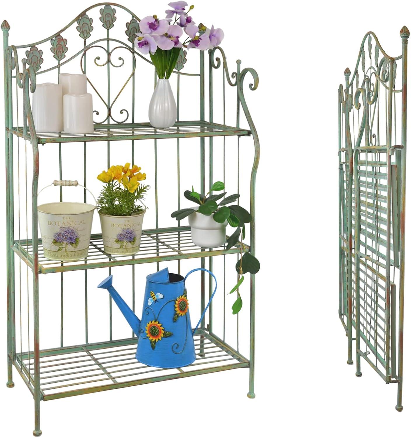 Pre-Assembled Folding Metal Shelf | Plant Stand | Shelving Unit | Bookcase | Outdoor Baker's Rack with Scrolling Heart & Peacock Tail Motif