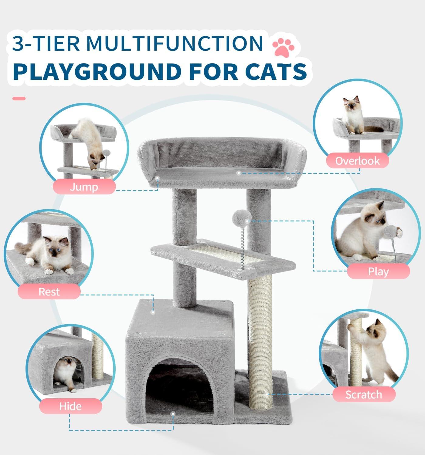 Cat Tree, Carpet Cat Tower Grey for Indoors Cats, Cute Wood Kitty Condo with Scratching Post and Pad, 29" Multi-Level Modern Activity Climbing Furniture for Small and Medium Cats