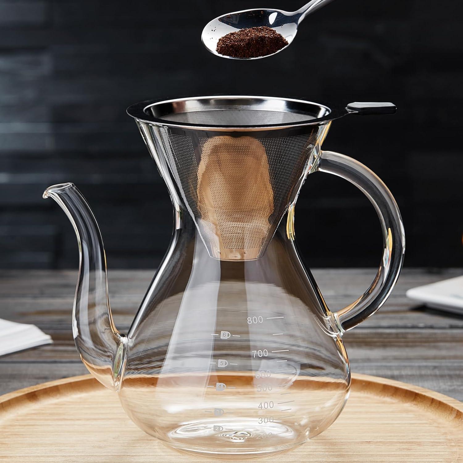 Clear Borosilicate Glass Pour Over Coffee Maker with Stainless Steel Filter