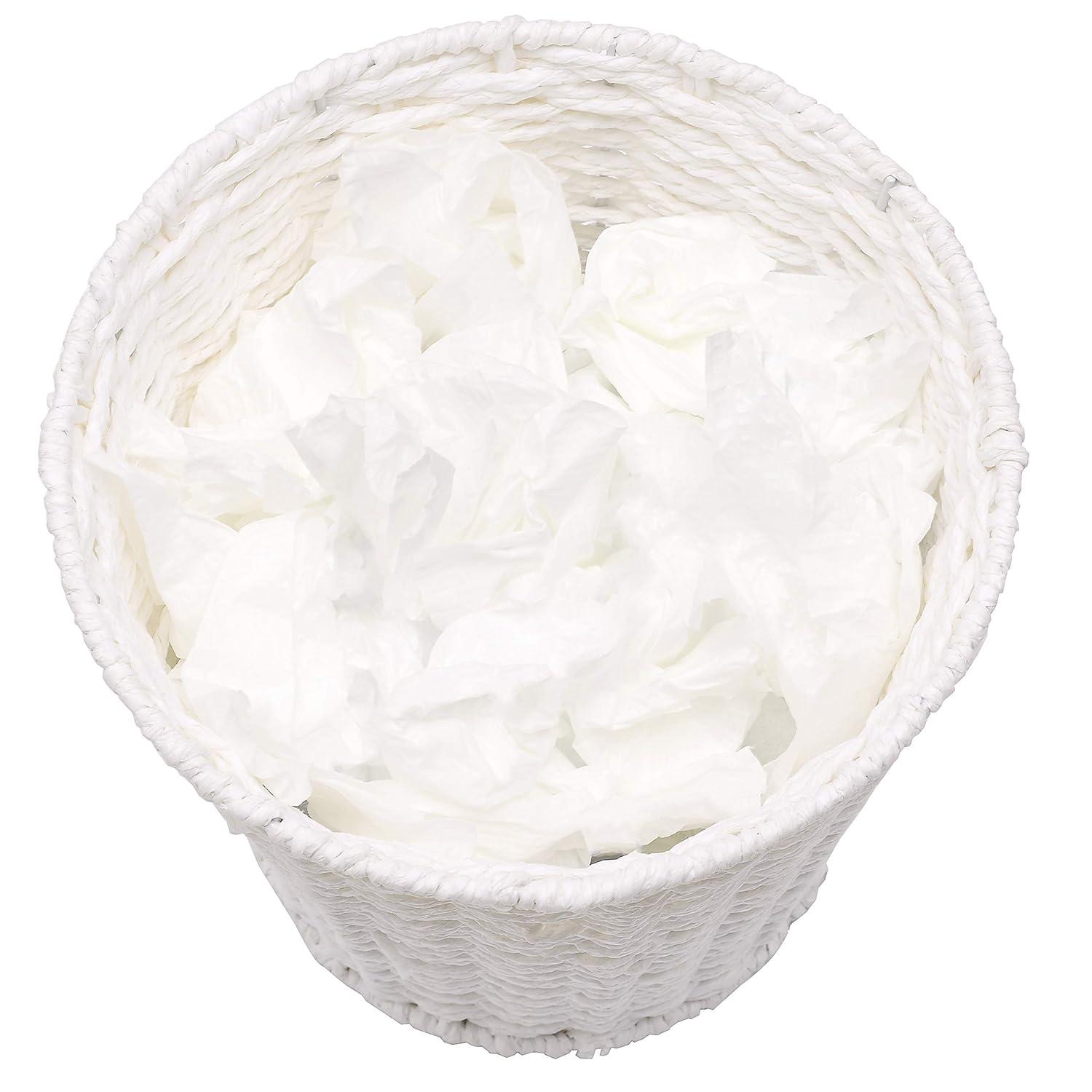 Round Wicker Waste Basket Paper Bin - Wicker Trash Basket - Woven Trash Can Rubbish Basket for Bedroom, Bathroom, Offices or Home (White)