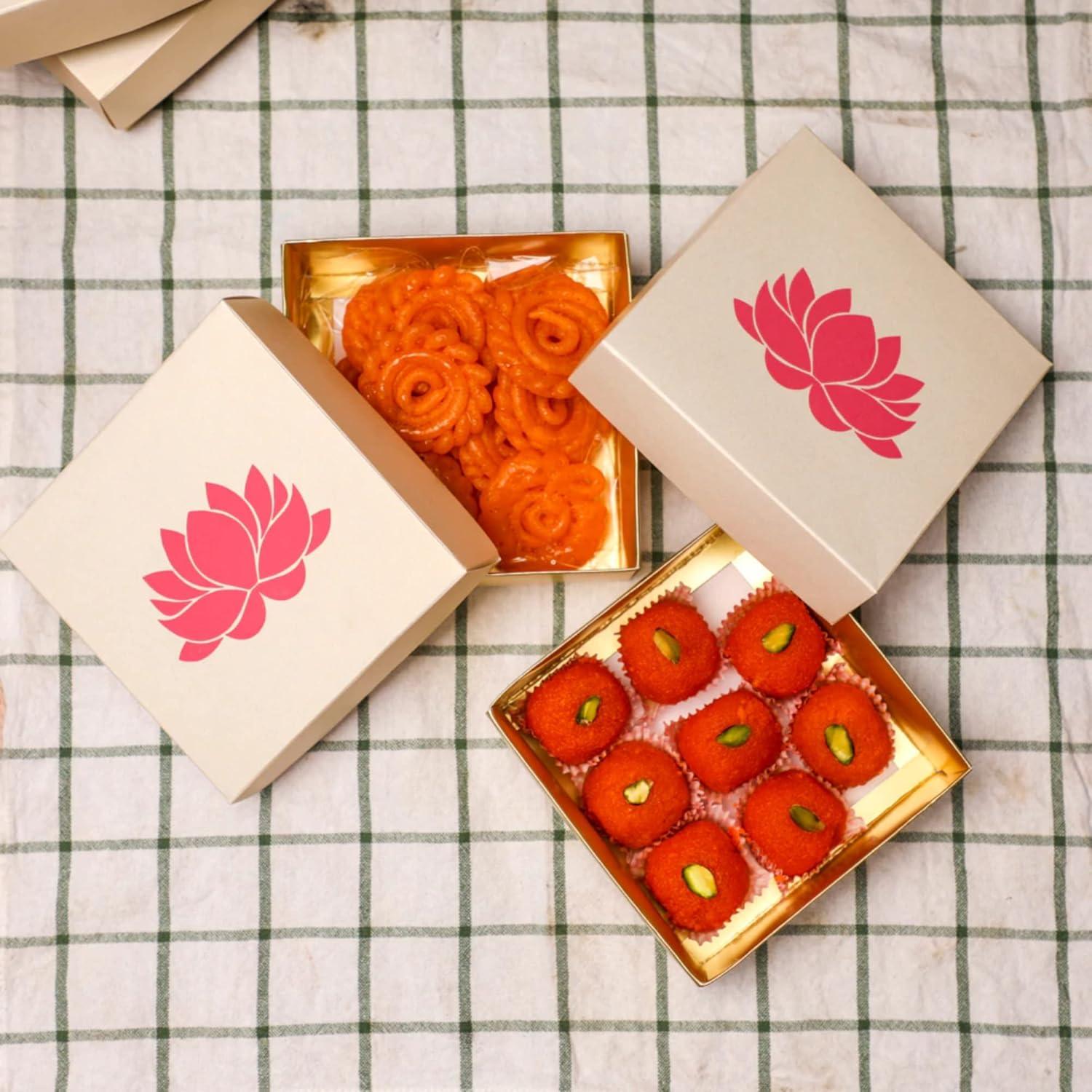 Handmade White and Pink Lotus Print Rectangular Paper Sweet Boxes