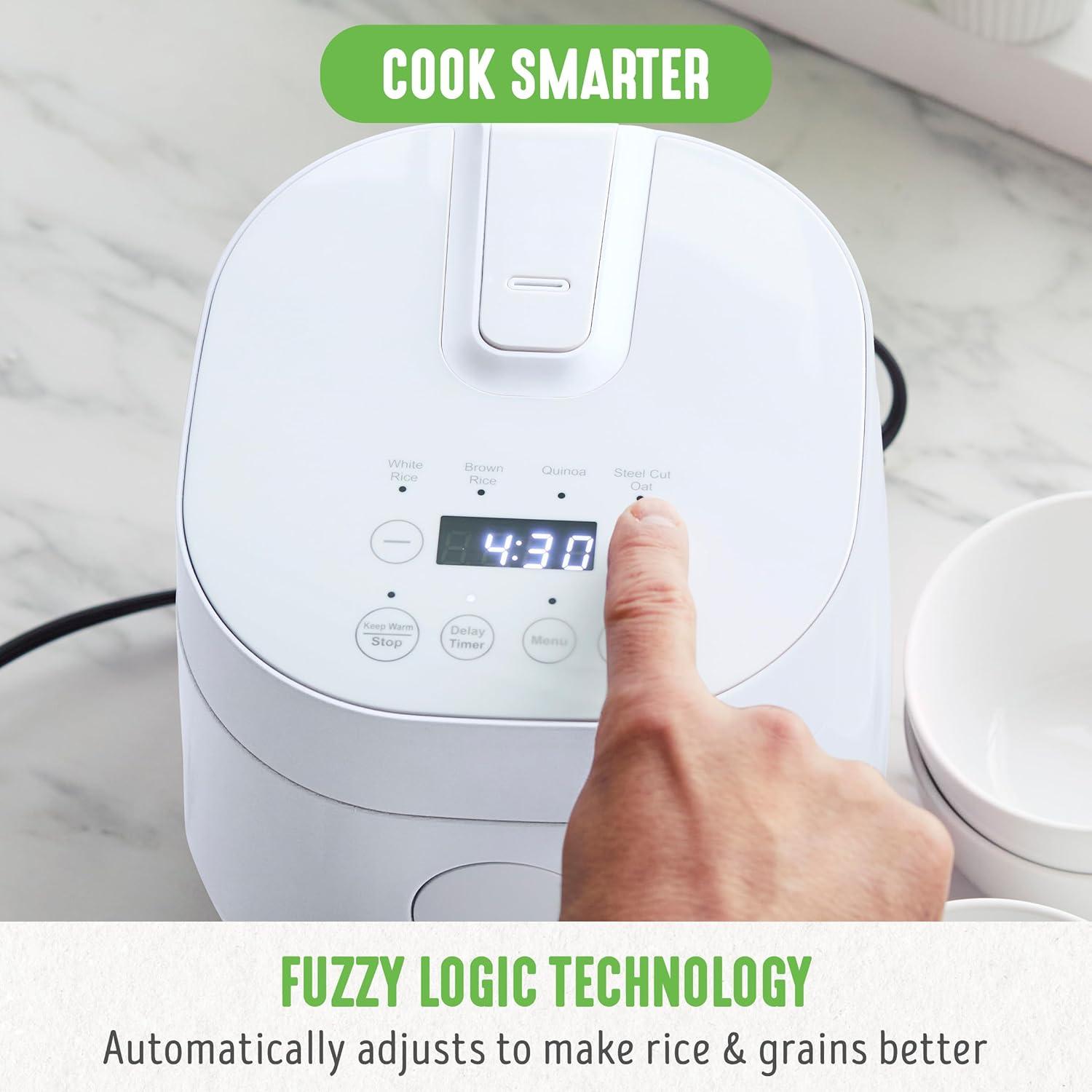 Compact White Electric Rice and Grains Cooker with Ceramic Nonstick Bowl