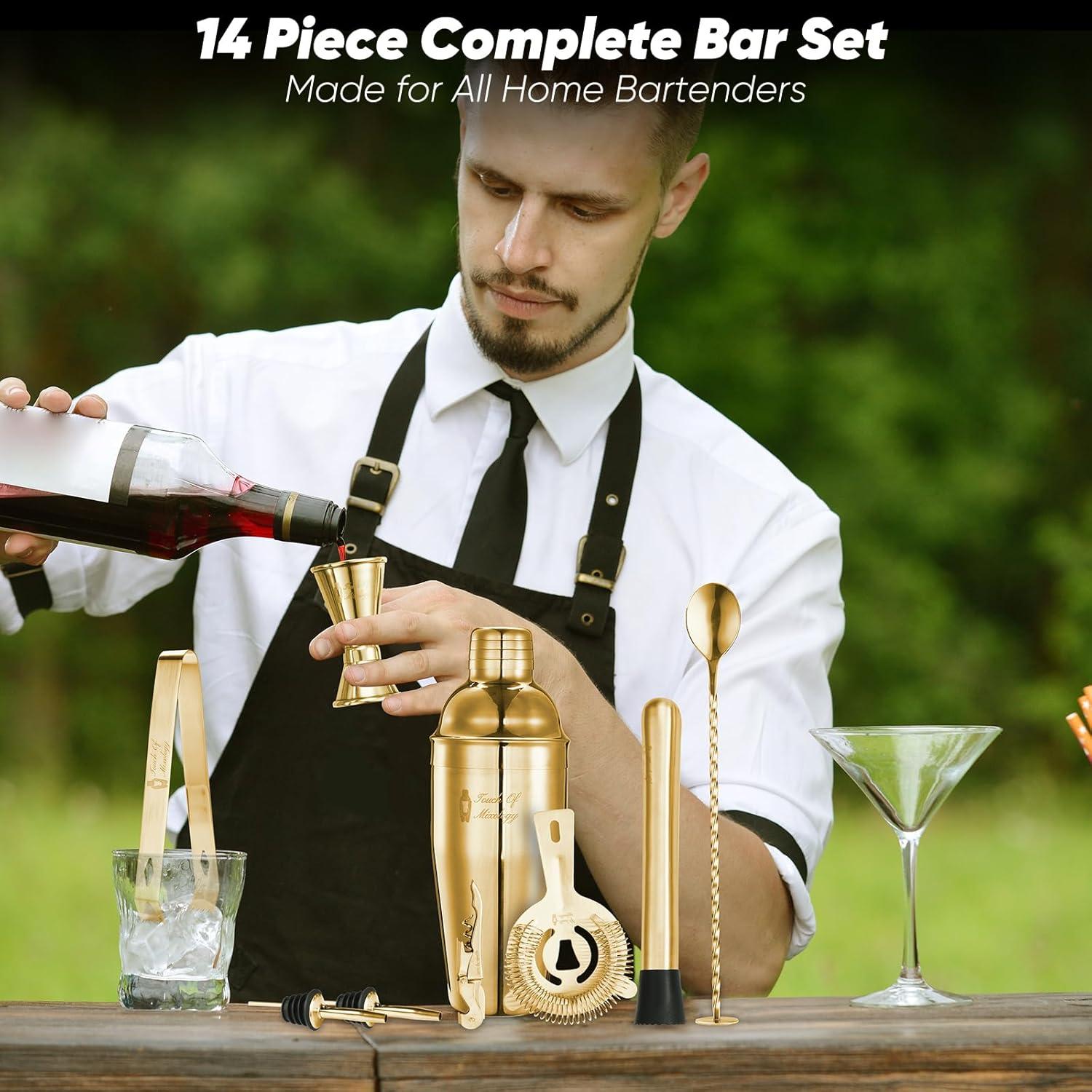 Touch of Mixology Premium 14 Piece Stainless Steel Bartender Kit with Bamboo Stand (Dark Metallic)