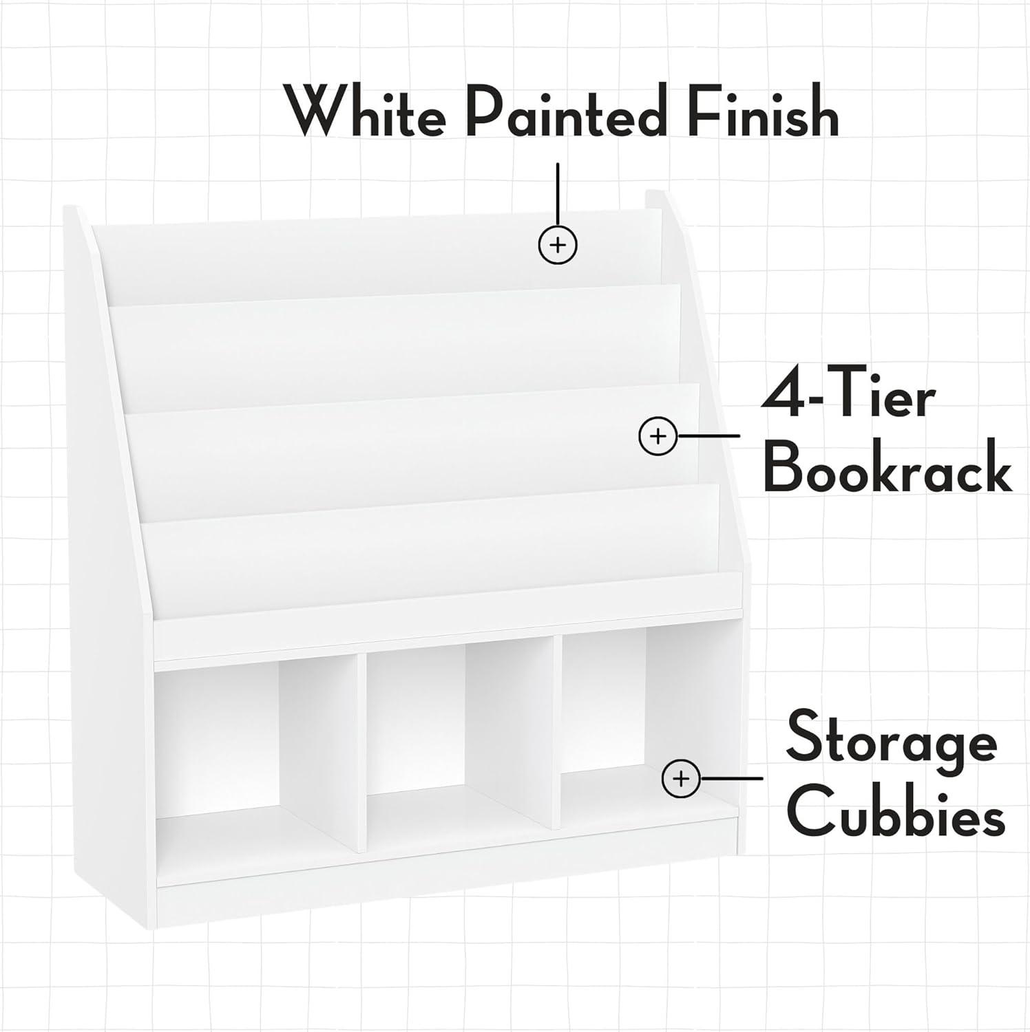 RiverRidge Kids Playroom Bookrack with 3 Toy Organizer Cubbies and 4 Book Shelves - White with 2 Gray Fabric Bins