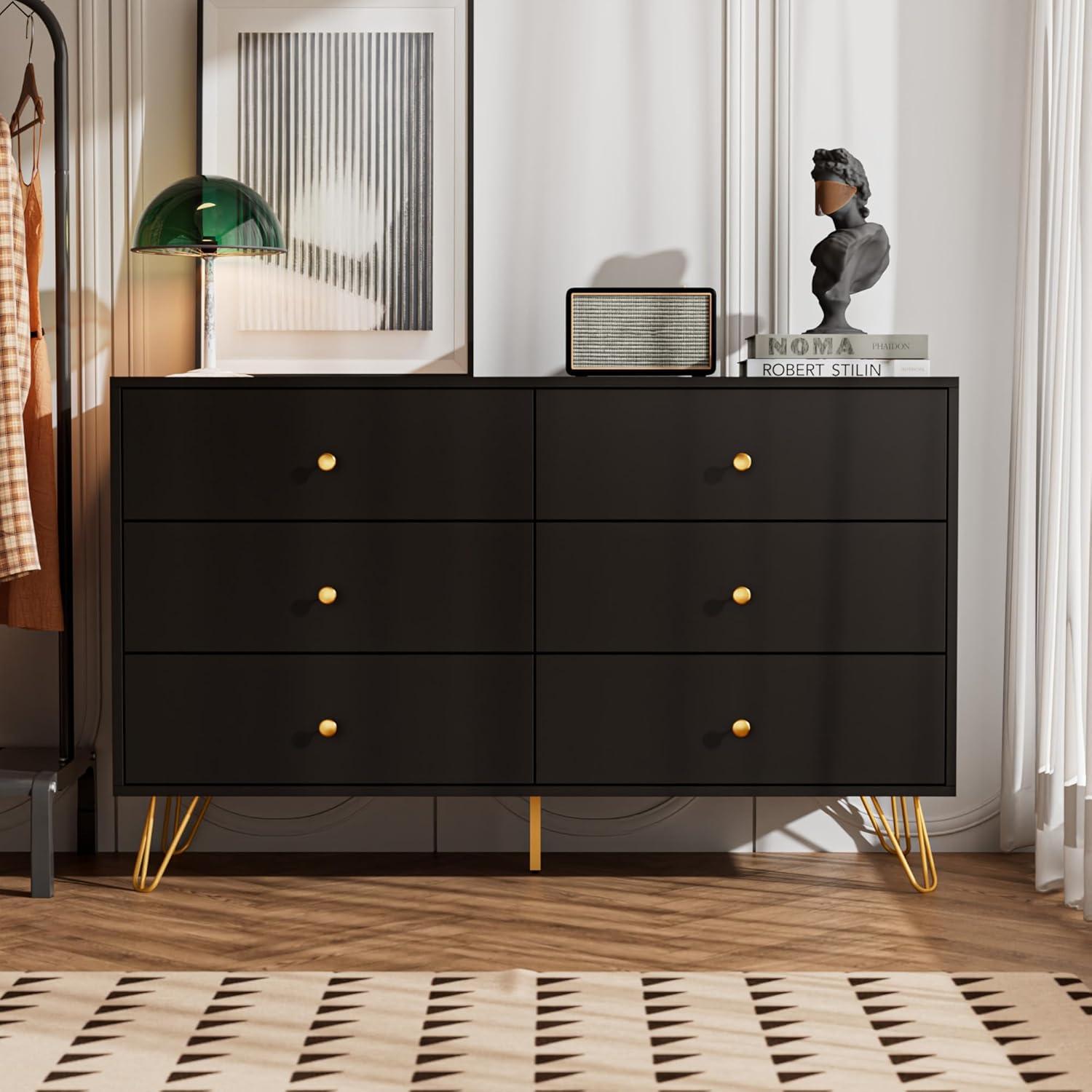 Black Dresser for Bedroom, 6 Drawer Dresser with Golden Handles, Large Storage Cabinet, Modern Chest of Drawers Organizer Storage for Hallyway, Entryway