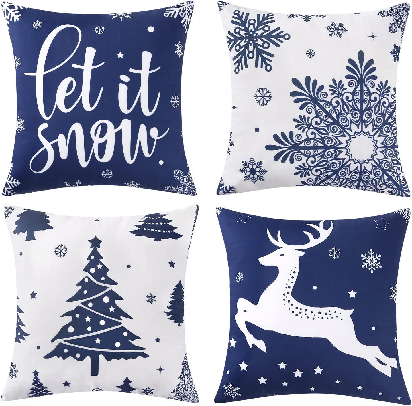 Blue Velvet Christmas Euro Pillow Covers Set of 4