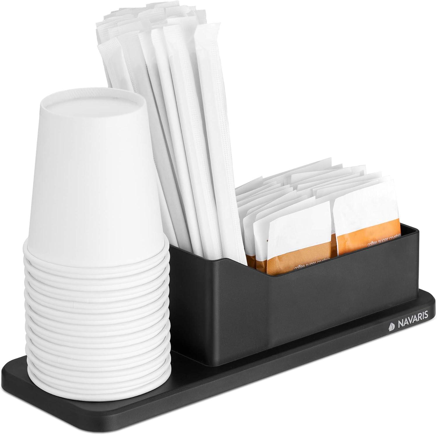 Navaris Small Coffee Station Organizer - Tea and Coffee Condiment Supplies Holder with Stacking Cup Storage - For Kitchen or Office Break Room - Black