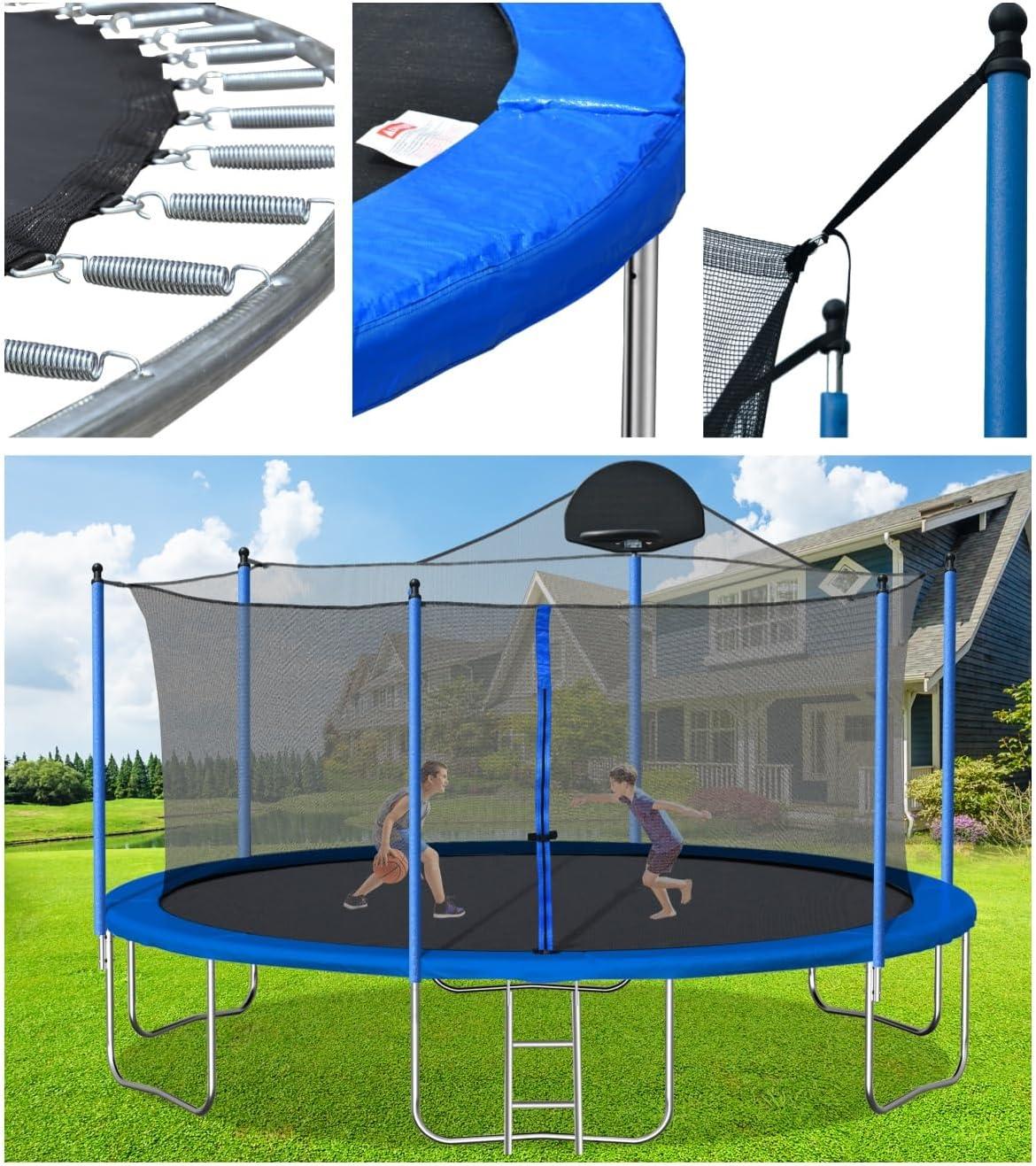 14 FT Trampoline Outdoor with Basketball Hoop, Backyard Trampoline with Enclosure Net, Heavy Duty Large Trampoline for Kids and Adults, Double-side Color cover