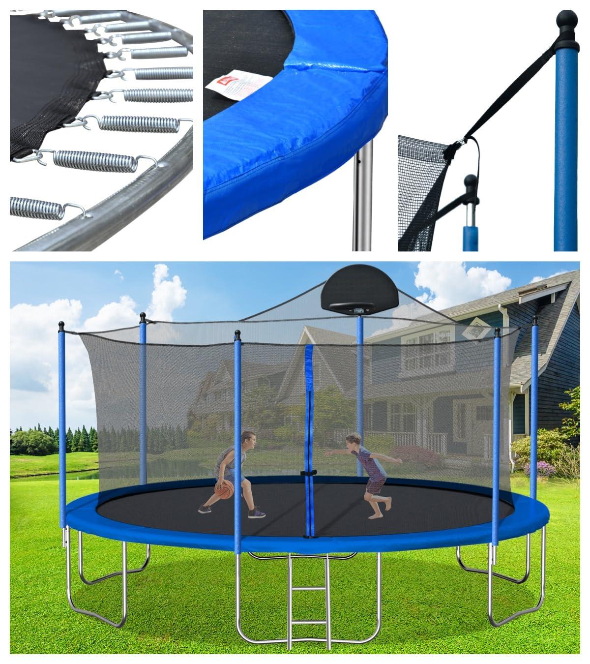 14 FT Trampoline Outdoor with Basketball Hoop, Backyard Trampoline with Enclosure Net, Heavy Duty Large Trampoline for Kids and Adults, Double-side Color cover