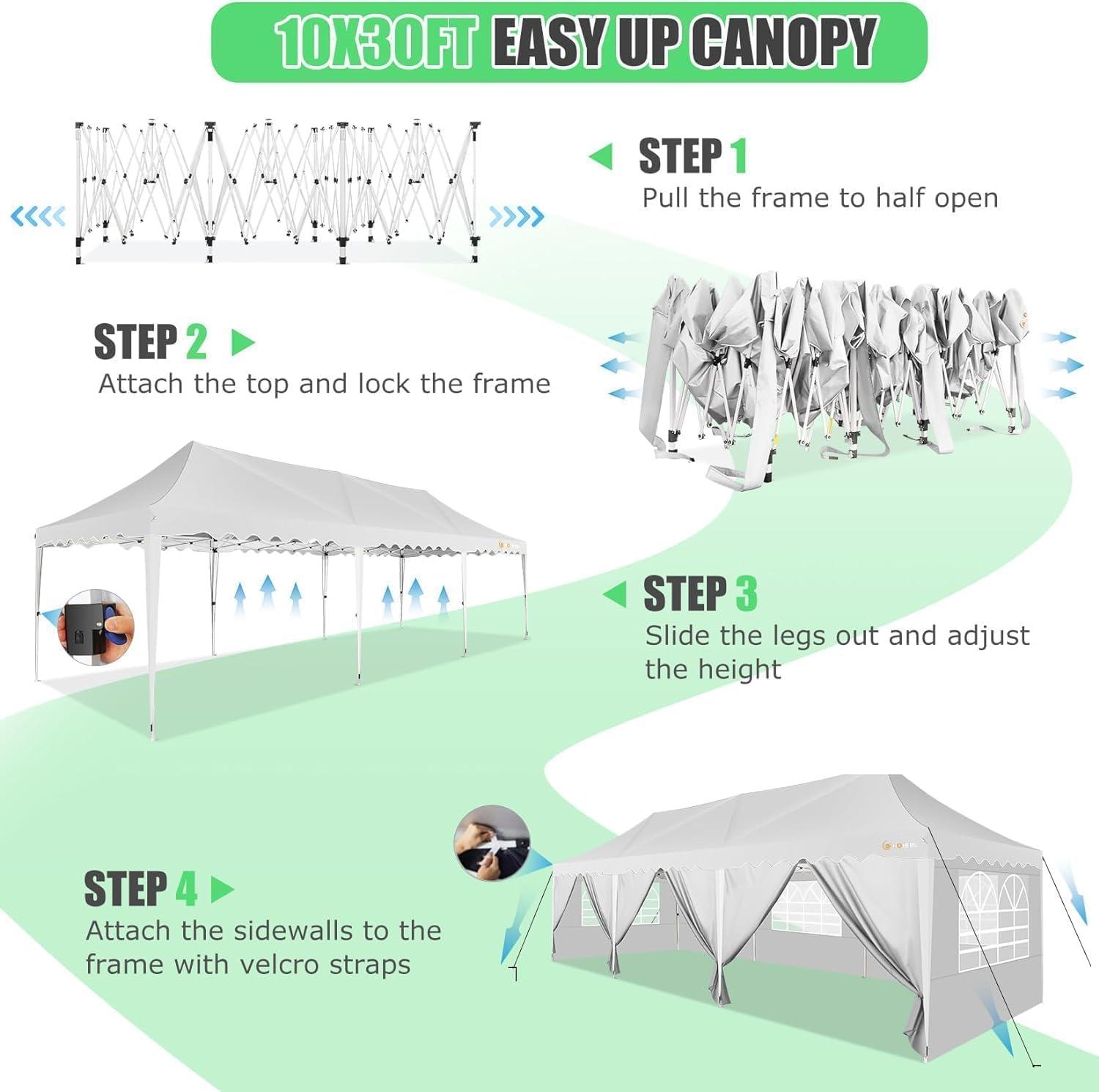 10'x30' EZ Outdoor Pop Up Canopy Tent, Waterproof and Sunproof Beach Canopy with 8 Removable Sidewalls, Heavy Duty Party Wedding Canopy, Height Adjustable Comes with 4 Sandbags, Rolling Bag (White)