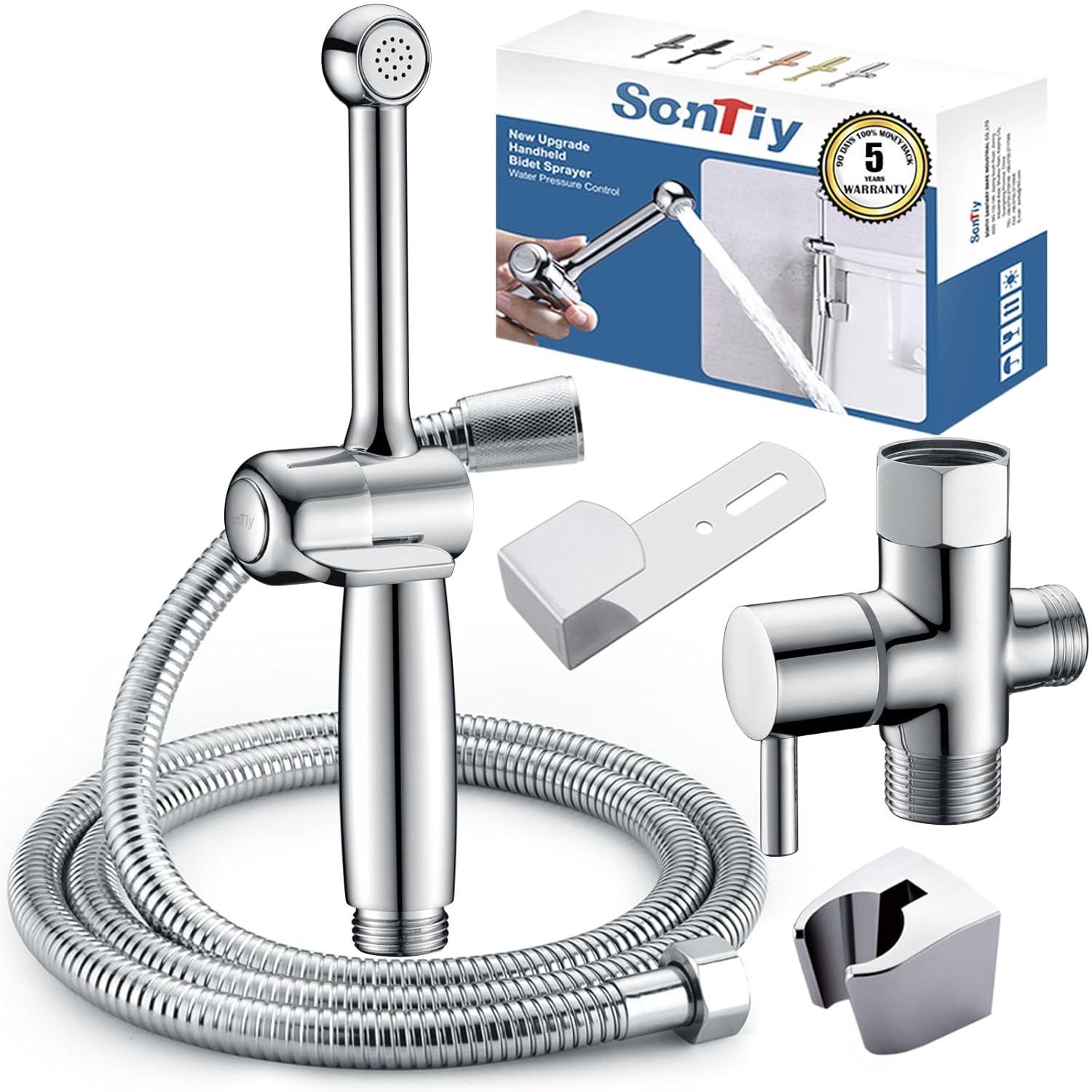 SonTiy Handheld Bidet Sprayer for Toilet, Cloth Diaper Sprayer Set Hand Held Bidet Jet Spray for Toilet with Backflow Preventer, Adjustable Water Pressure Control, Brass 7.2" Hand Bidet Wand, Chrome