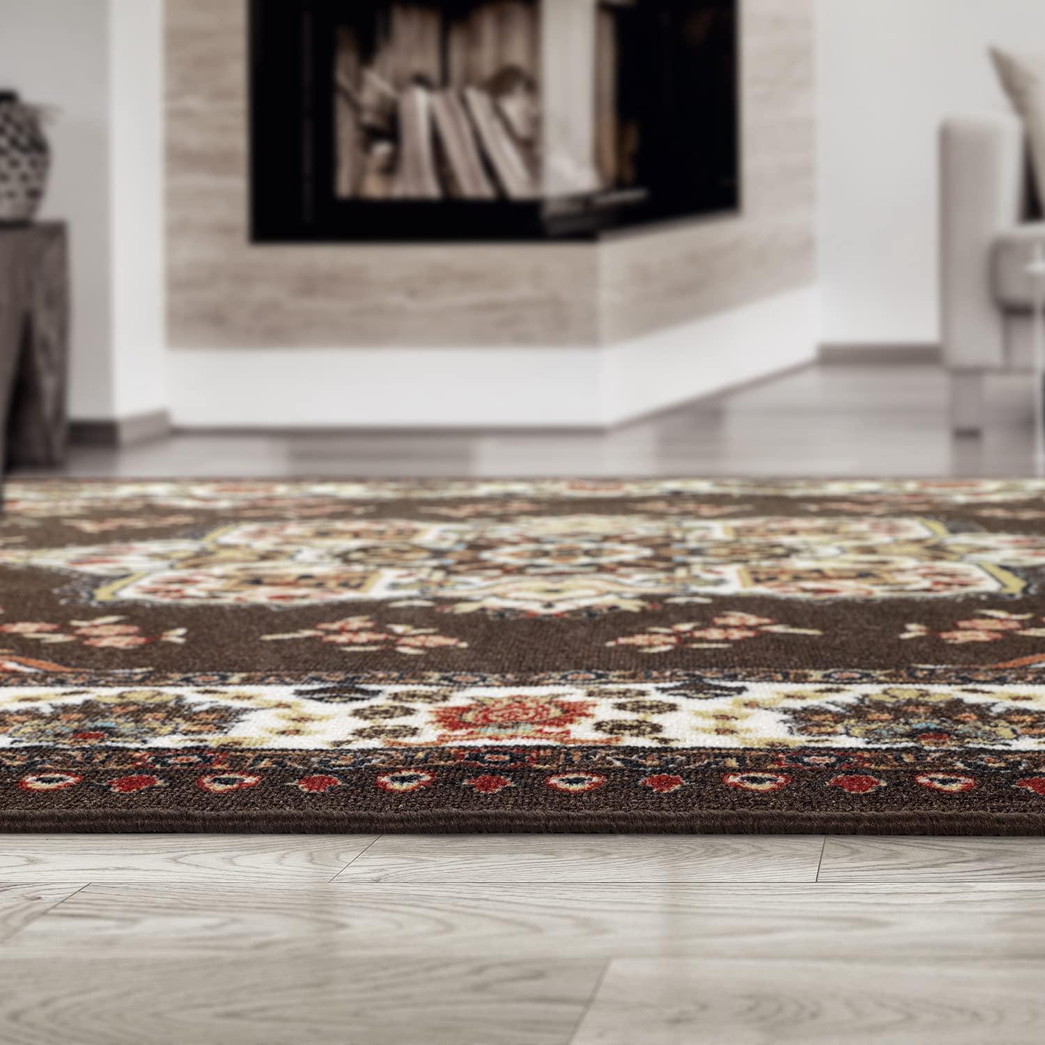Antep Rugs Alfombras Oriental Traditional 5x7 Non-Skid (Non-Slip) Low Profile Pile Rubber Backing Indoor Area Rugs (Brown, 5' x 7' Oval)
