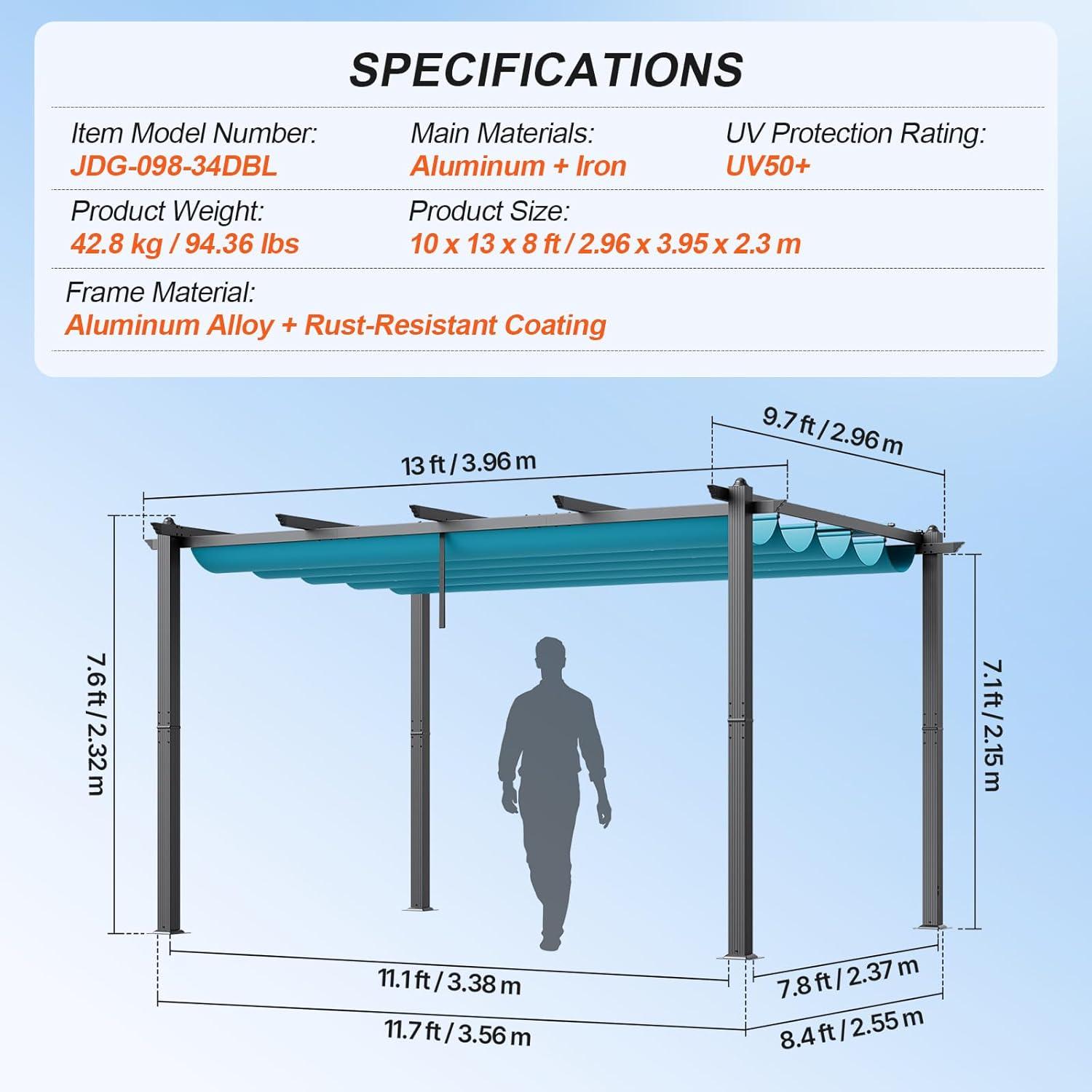 VEVOR 10'x13' Outdoor Retractable Pergola with Canopy, Aluminum Pergola with Retractable Canopy, Modern Pergola with Sun Shade Canopy, Bule