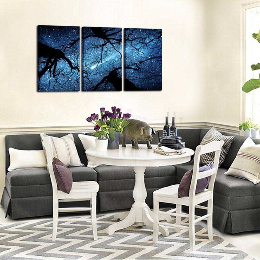 KREATIVE ARTS Night Starry Sky Surrounded Trees Forest Canvas Wall Art Prints Landscape Canvas Picture Wall Decal Home Decoration Ready to Hang 16x24nichx3pcs