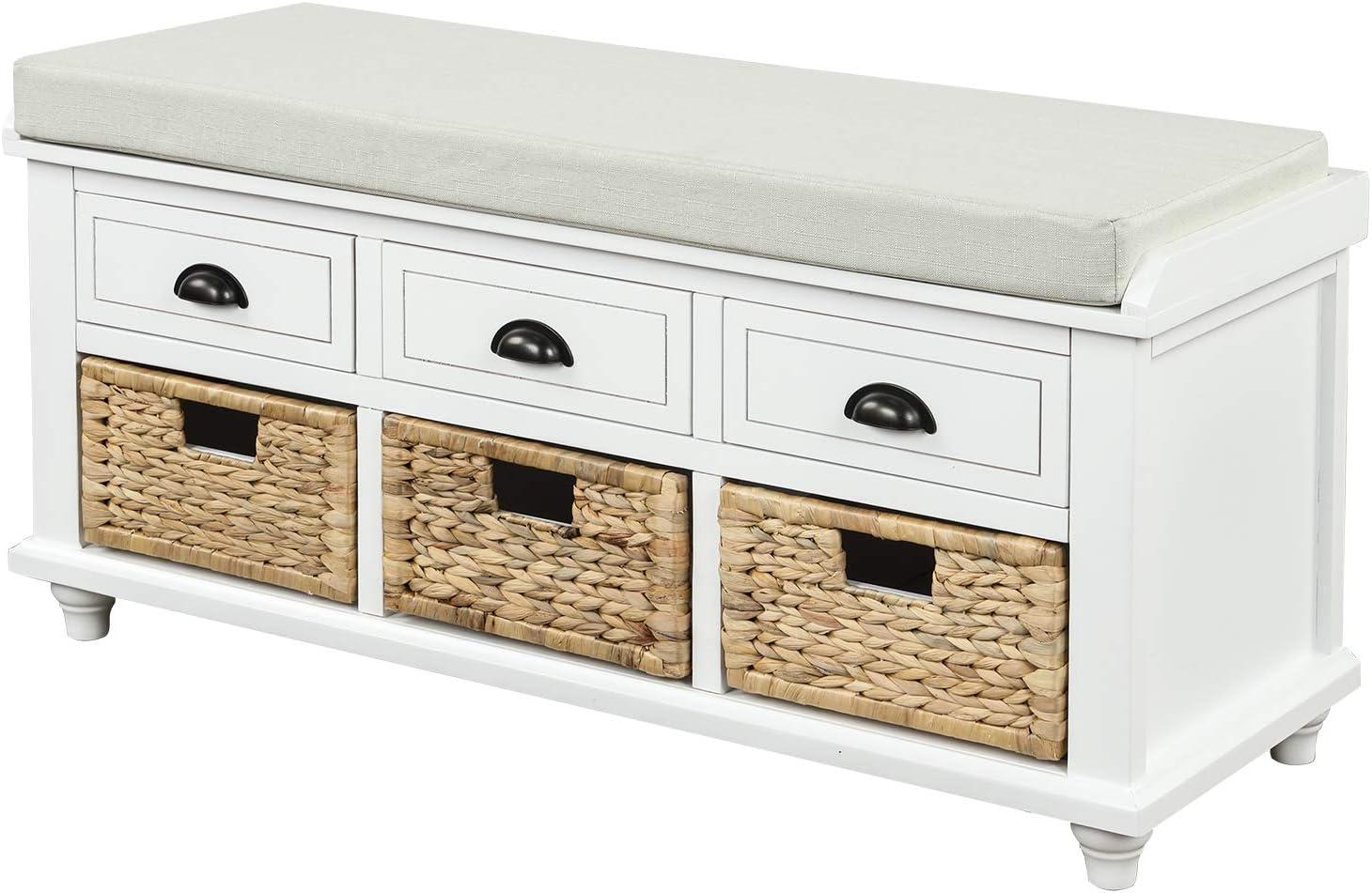Harper & Bright Designs TREXM Rustic Storage Bench with 3 Drawers and 3 Rattan Baskets, Shoe Bench for Living Room, Entryway (White)