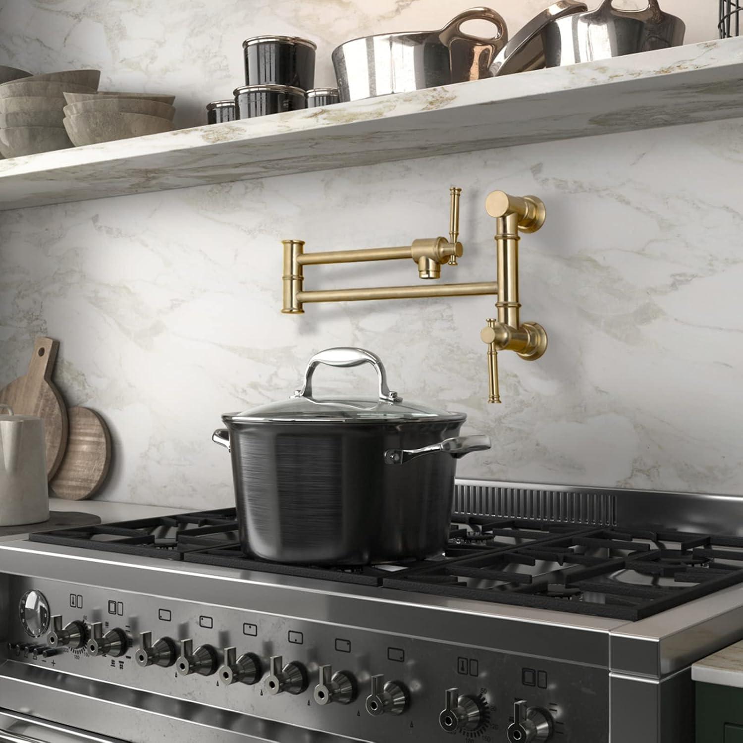 Brushed Gold Brass Wall-Mount Pot Filler Faucet with Swing Arm