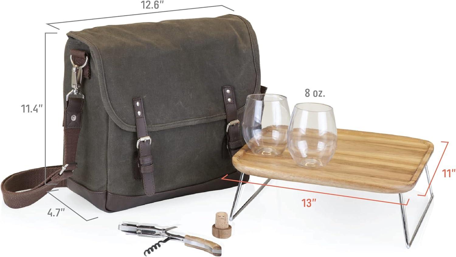 Khaki Green Waxed Canvas Wine Tote with Acacia Table