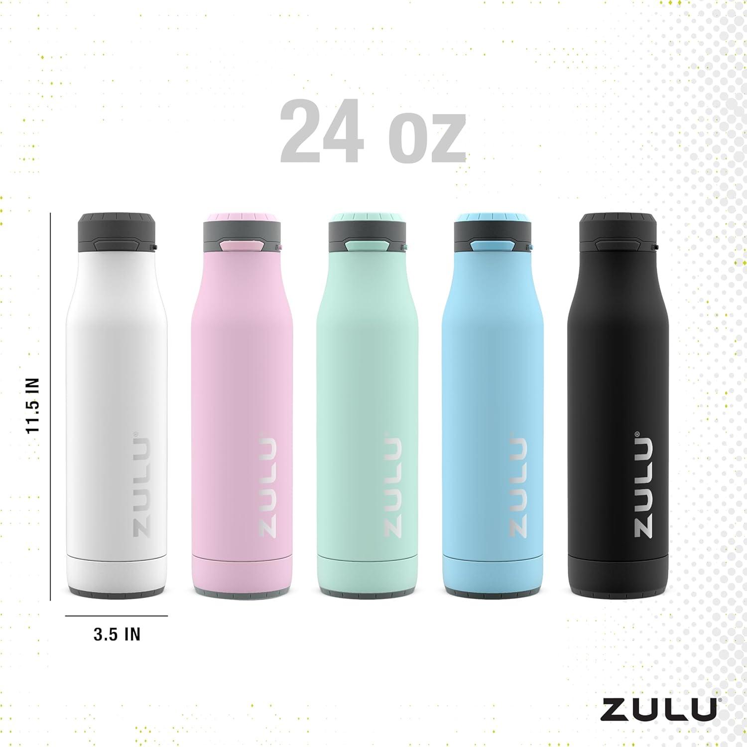 ZULU Ace Vacuum Insulated Stainless Steel Water Bottle with Removable Base - Leak Proof Lid - Antimicrobial Spout, 24 oz, White
