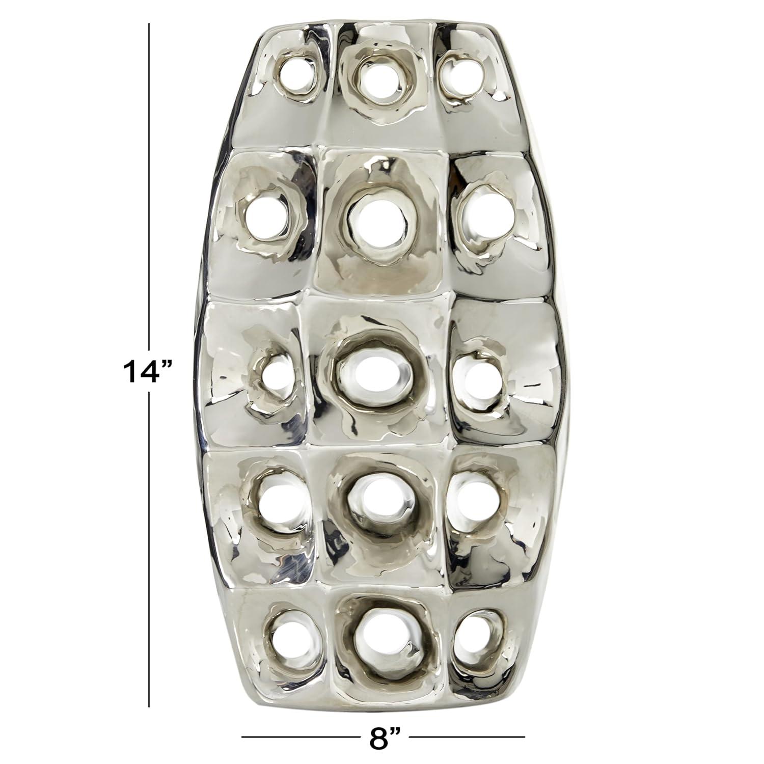 DecMode 14" Silver Ceramic Vase with Cut Out Designs