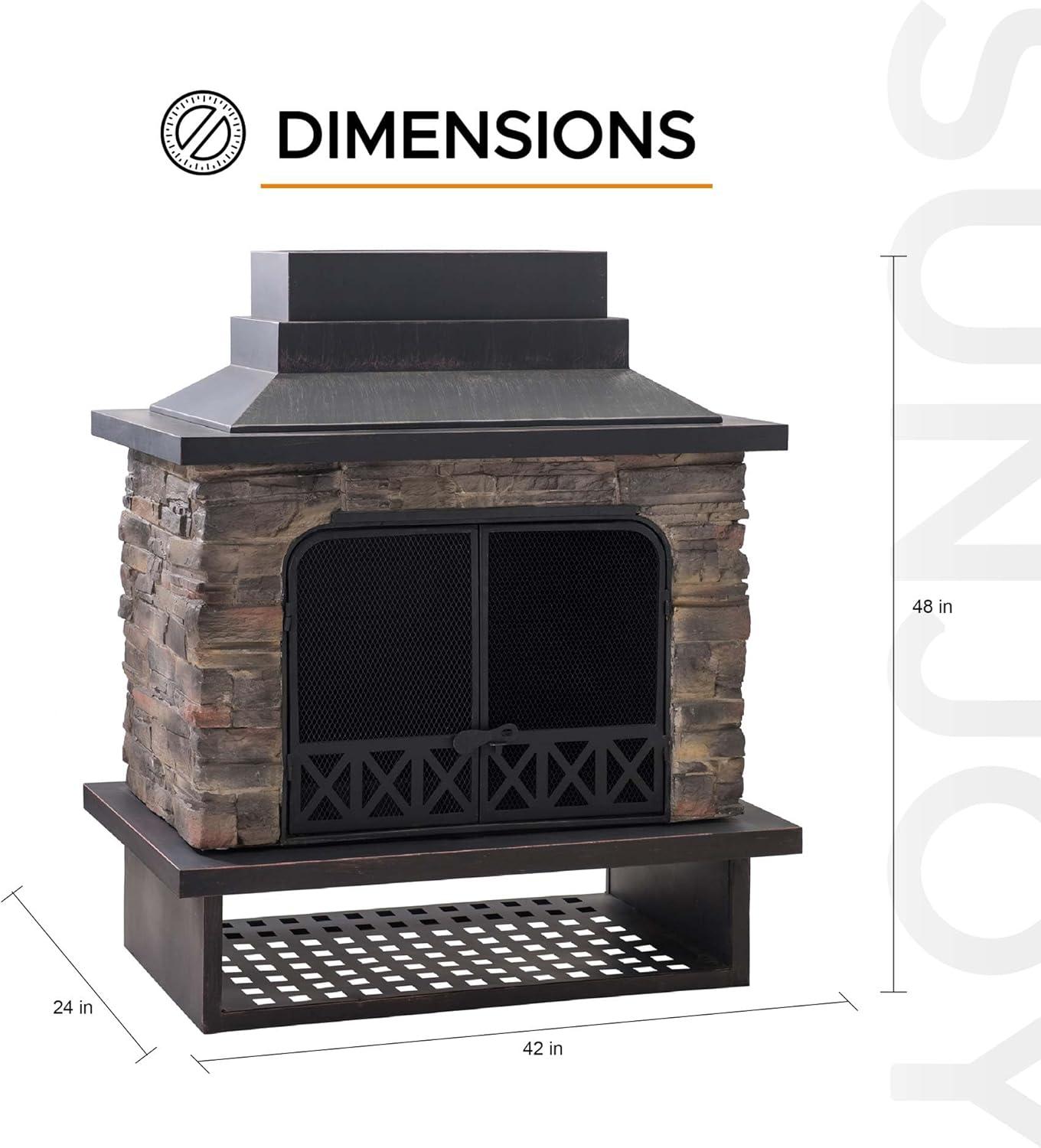 SUNJOY Outdoor 48 in. Black Steel Wood Burning Stone Fireplace with Fire Poker and Removable Grate