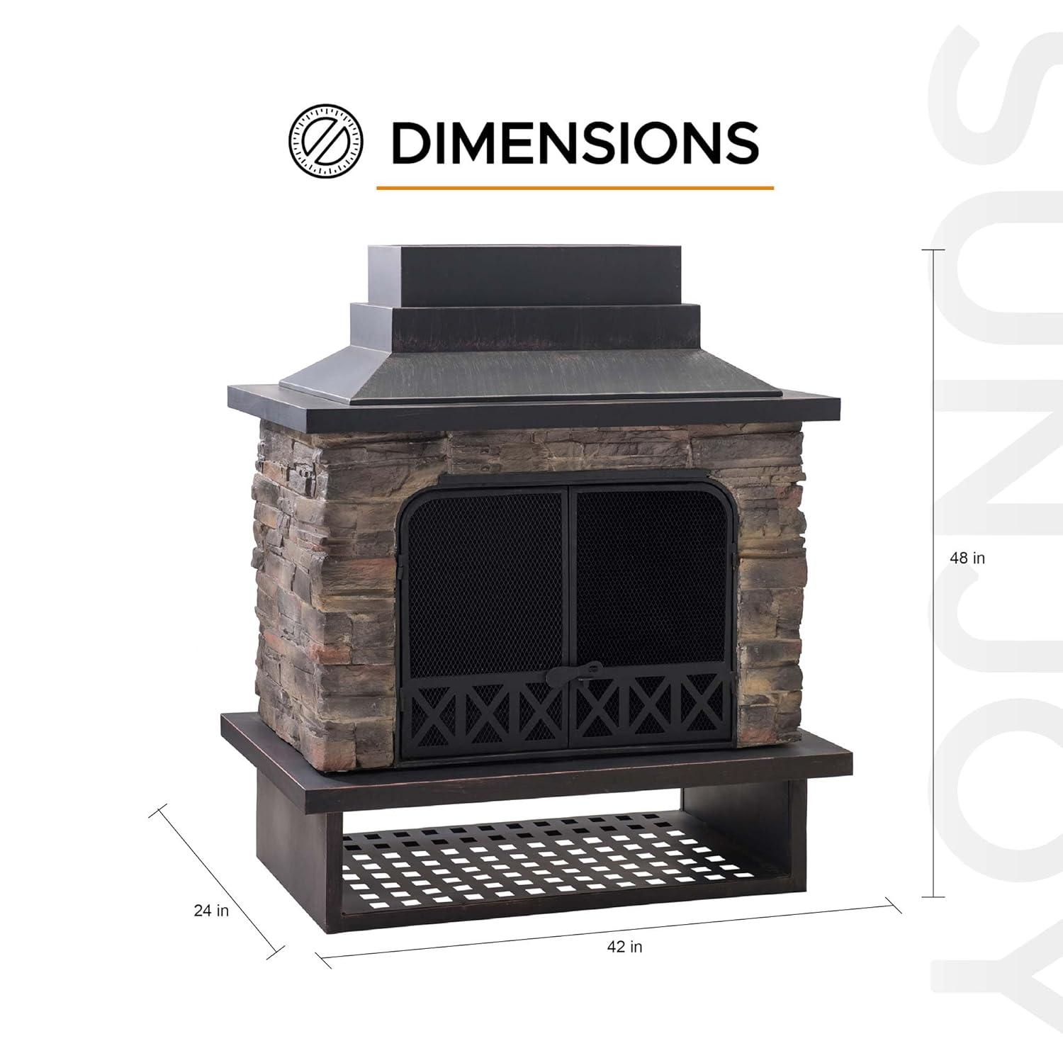 SUNJOY Outdoor 48 in. Black Steel Wood Burning Stone Fireplace with Fire Poker and Removable Grate