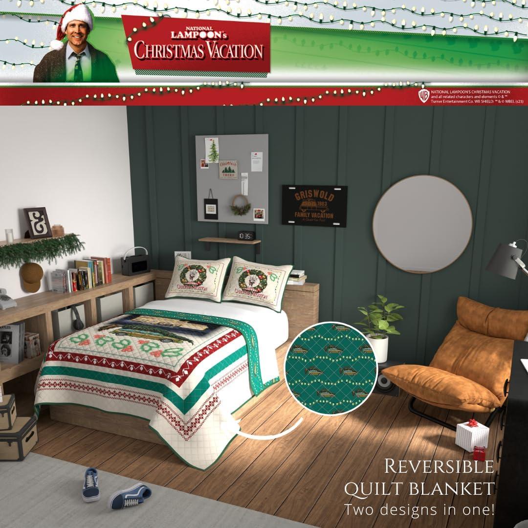 National Lampoon's Christmas Vacation Holiday Quilt Bedding Super Soft 3 Piece Pillow Sham and Quilt Set, Full Size 88" X 92", (100% Officially Licensed Product)