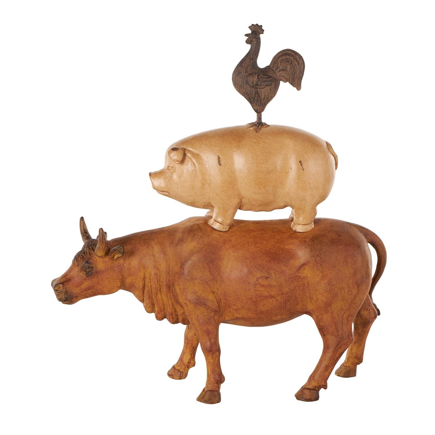 Distressed Copper Cow Statue with Beige Roosters and Chicks