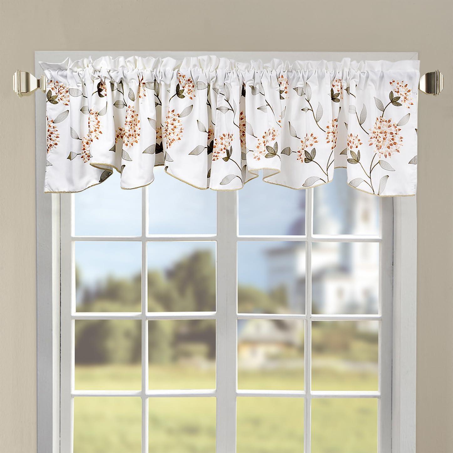 Gold Floral Embroidered Scalloped Window Valance with Rod Pocket