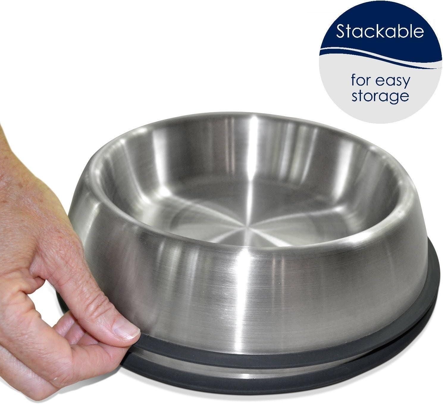 PetFusion Premium Brushed Anti-Tip Dog & Cat Bowls (Set of 2 Bowls). Food Grade Stainless Steel. Bonded Silicone Ring for Traction, Metallic, 32 oz
