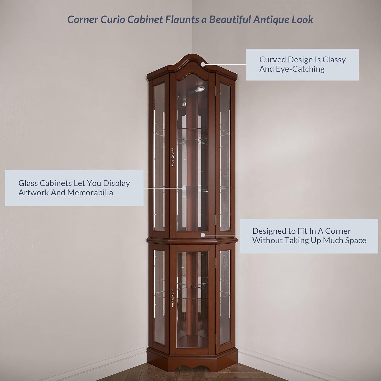 BELLEZE Loraine Canted Front Corner Lighted Curio Cabinet With 5 Tier Shelves, Walnut