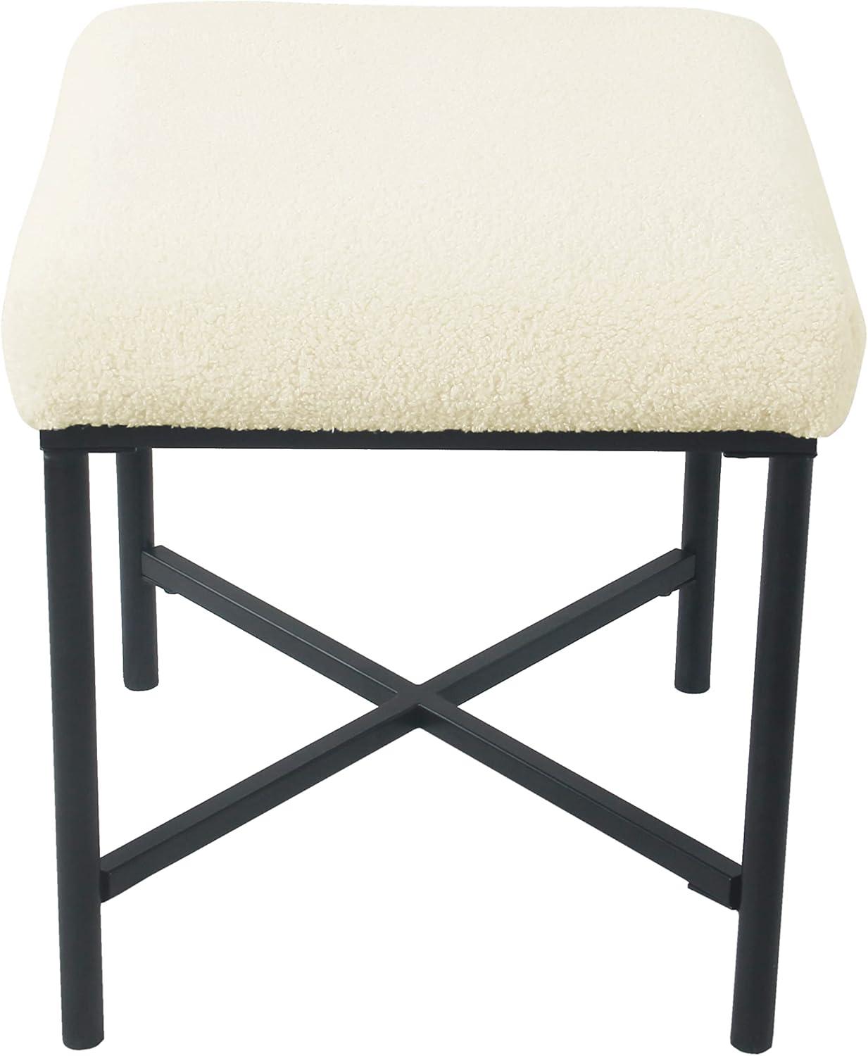 Square Metal Ottoman Cream Faux Sheepskin - HomePop: Matte Black Base, Living Room Seating