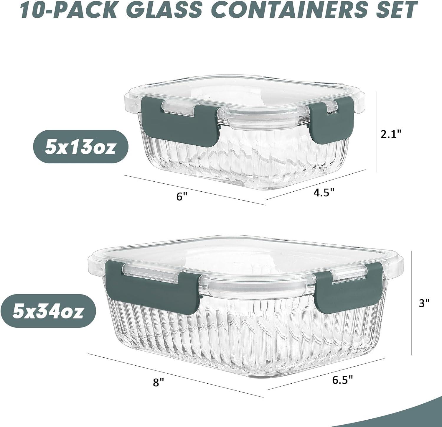 Silver Glass Meal Prep Containers with Airtight Lids, Set of 10