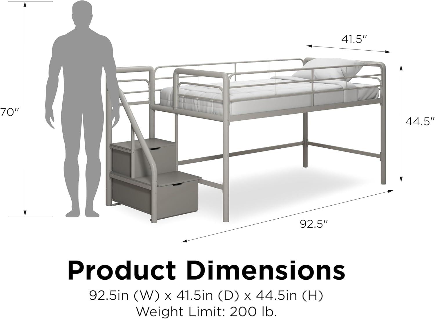 DHP Sol Junior Twin Metal Loft Bed with Storage Steps, Silver