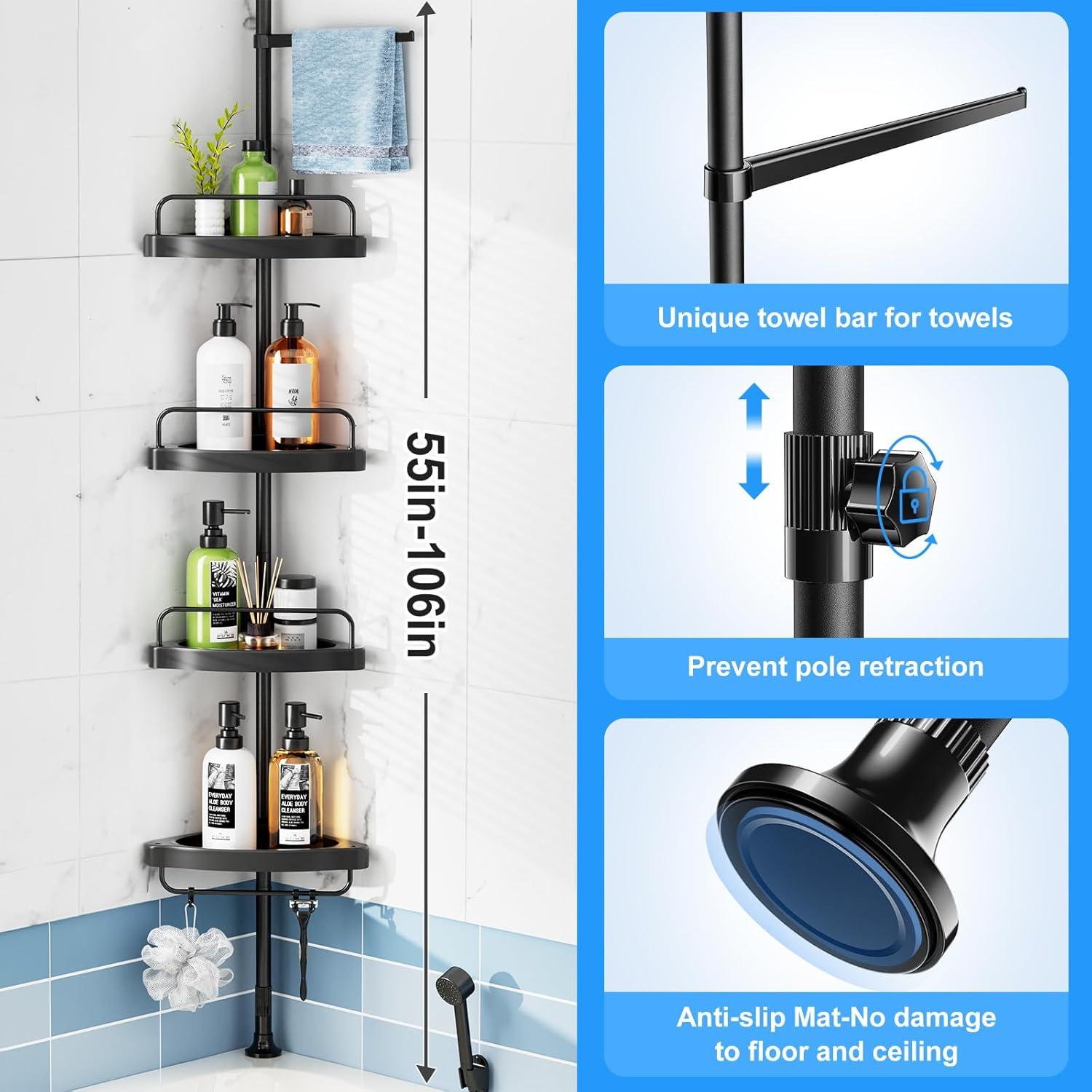 Adjustable Black Stainless Steel Tension Mount Shower Caddy