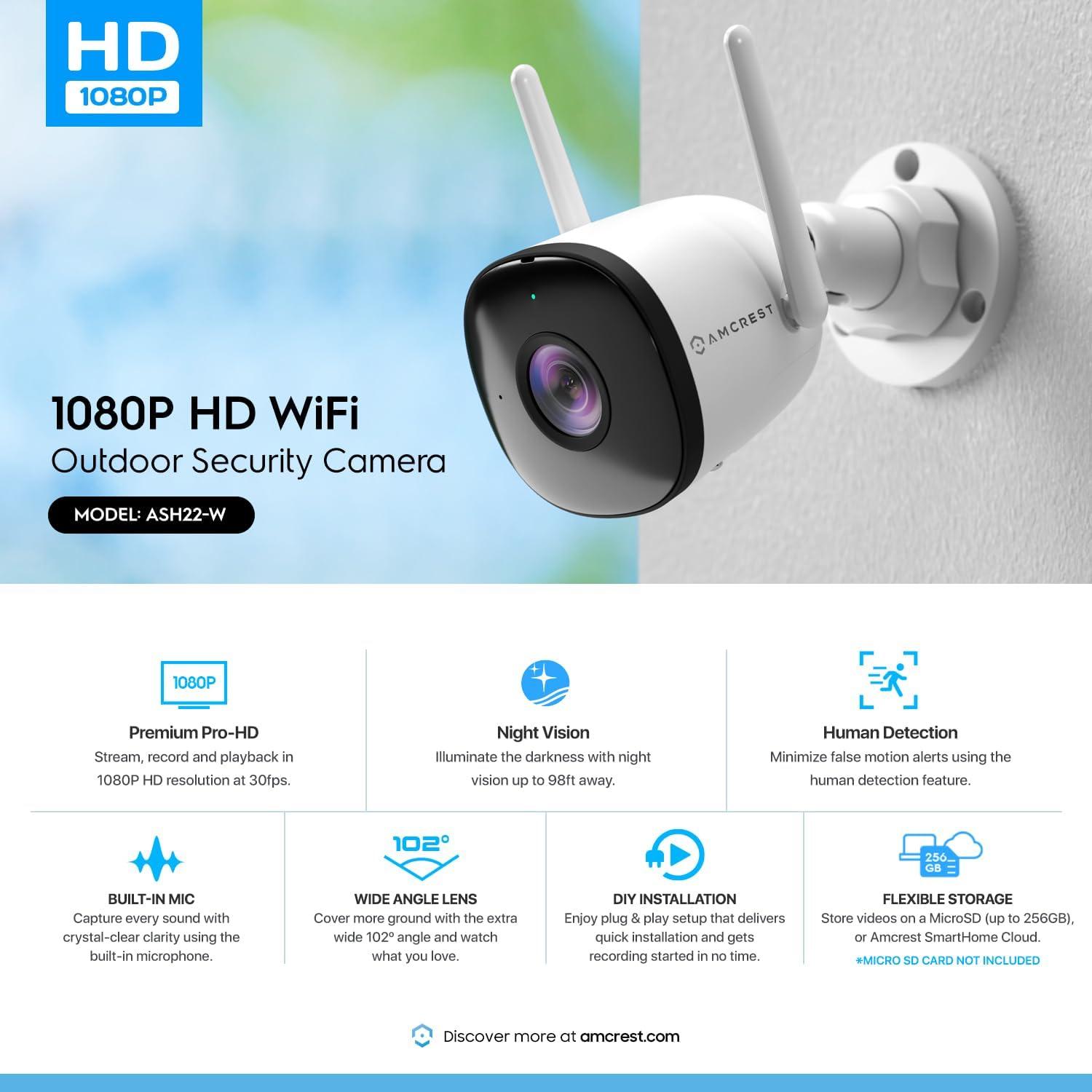 Amcrest 1080P WiFi Camera Outdoor, Smart Home 2MP Bullet IP Security Camera Outdoor Wireless, 98ft Nightvision, Built-in Mic, 102° FOV, 256GB MicroSD Storage (Sold Separately), ASH22-W (Wired Power)