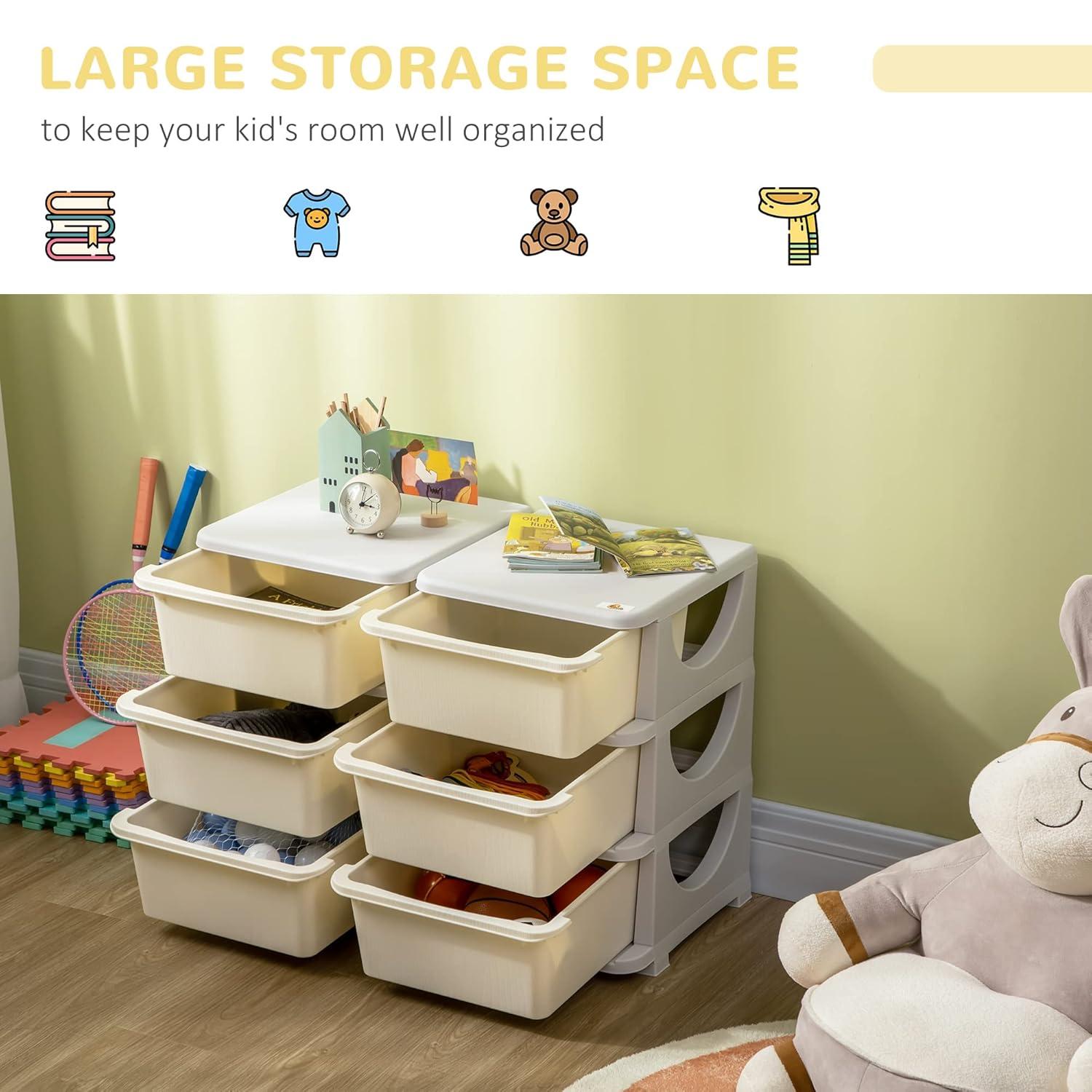 3 Tier Kids Storage Unit, 6 Drawer Chest Toy Organizer Plastic Bins for Kids Bedroom Nursery Kindergarten Living Room for Boys Girls Toddlers, Cream