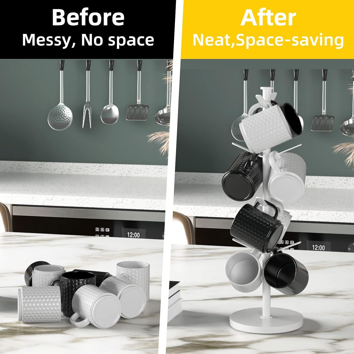 White Marble Base Stainless Steel Mug Holder Tree with 8 Hooks