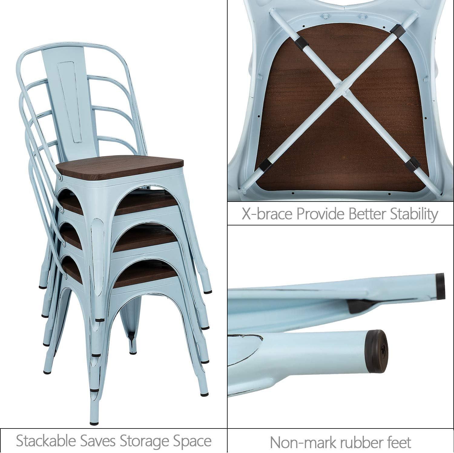 Furmax Metal Dining Chair Indoor Outdoor Use Stackable Chic Side Classic Trattoria Metal Chairs Set of 4 for Kitchen, Dining Room, Bistro and Cafe (Distressed White)