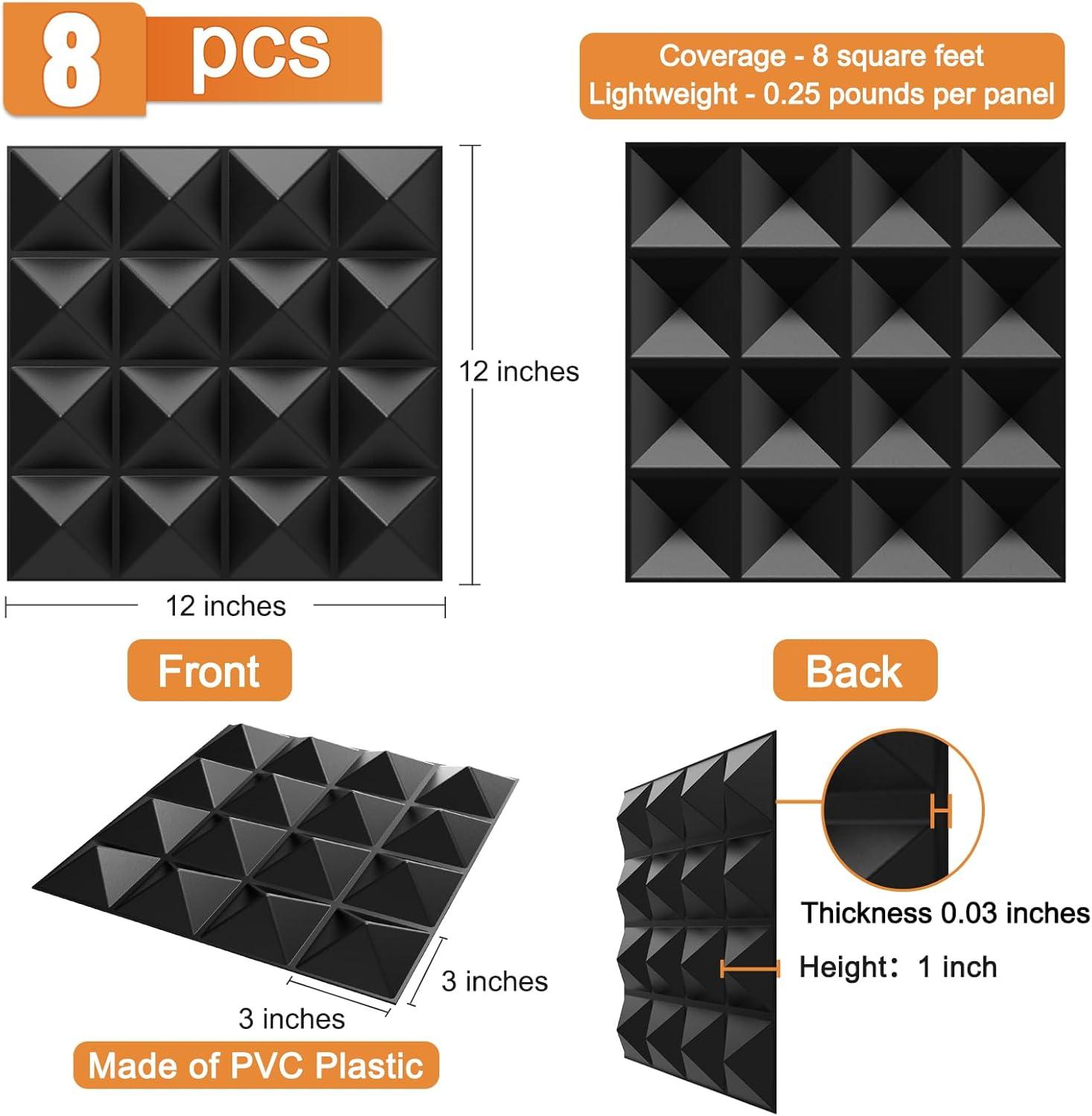 TroyStudio Acoustic Sound Diffuser Panels, 12 X 12 X 1 inches 8 Pcs PVC Plastic Wall Panel, Recording Studio Acoustical Treatments Diffusion Panel, 3D Art Decorative Ceiling Tiles (Pyramid, Black)