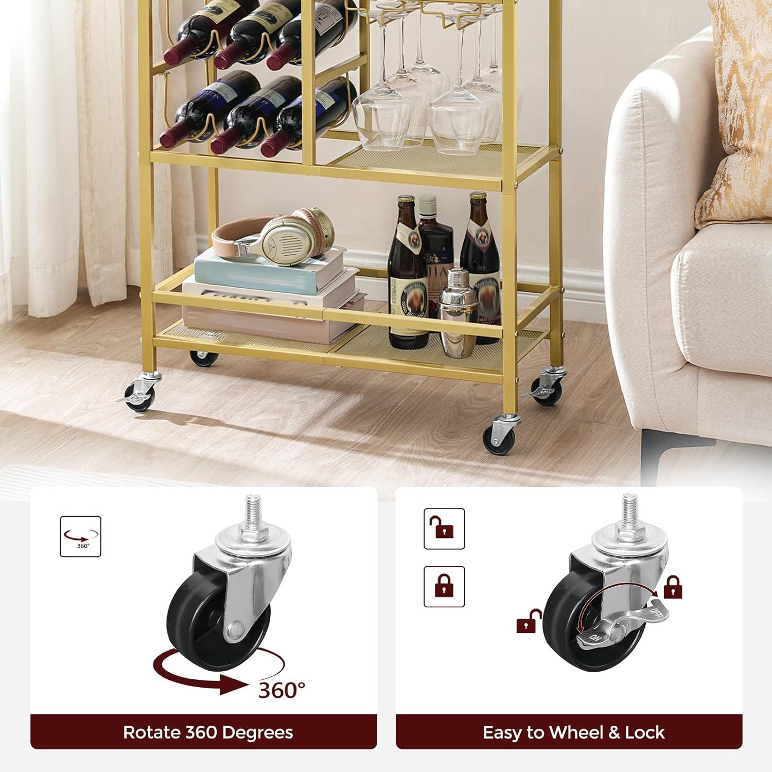 Gold and White 3-Tier Bar Cart with Wine Rack and Glass Holders