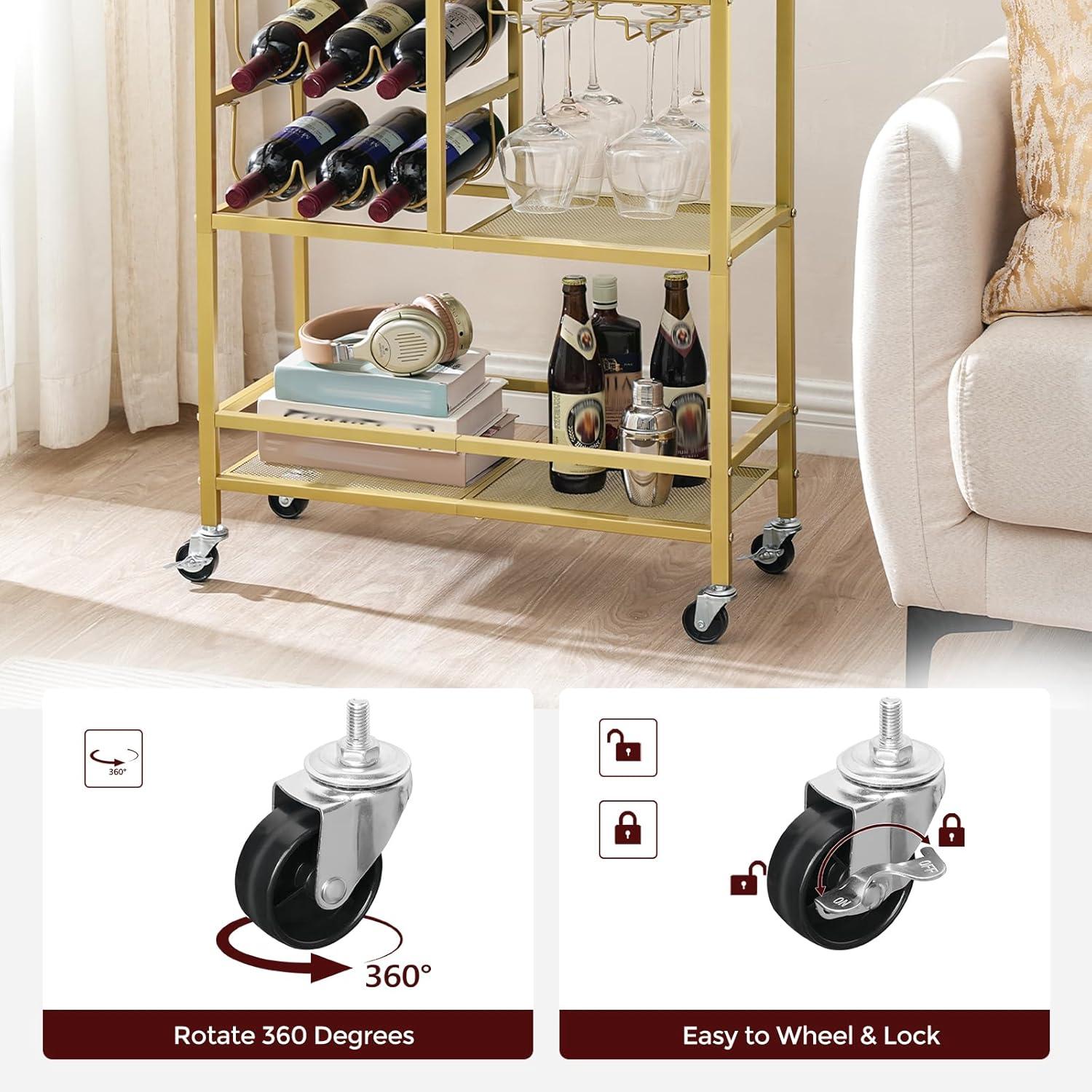 Bar Cart for Home, 3-Tier Serving Cart with Wheels and Handle, Beverage Cart with Wine Rack and Glass Holders, Rolling Wine Cart for Kitchen, Dining Room, Gold and White RCJM6101