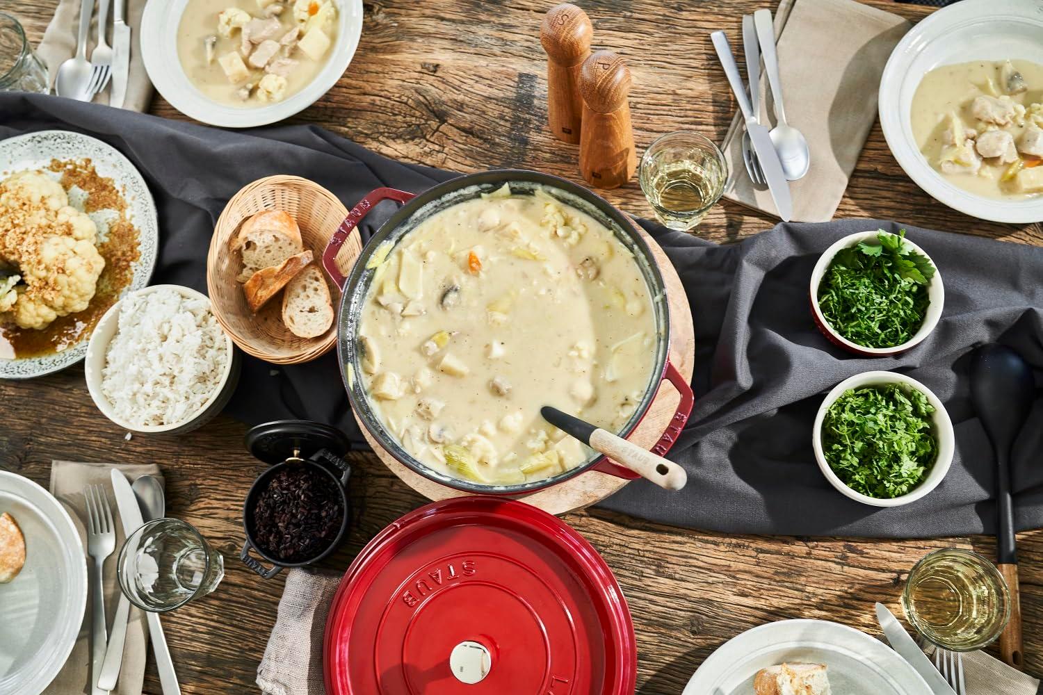 Staub Cast Iron Round Cocotte, Dutch Oven, 7-quart, serves 7-8, Made in France, Cherry