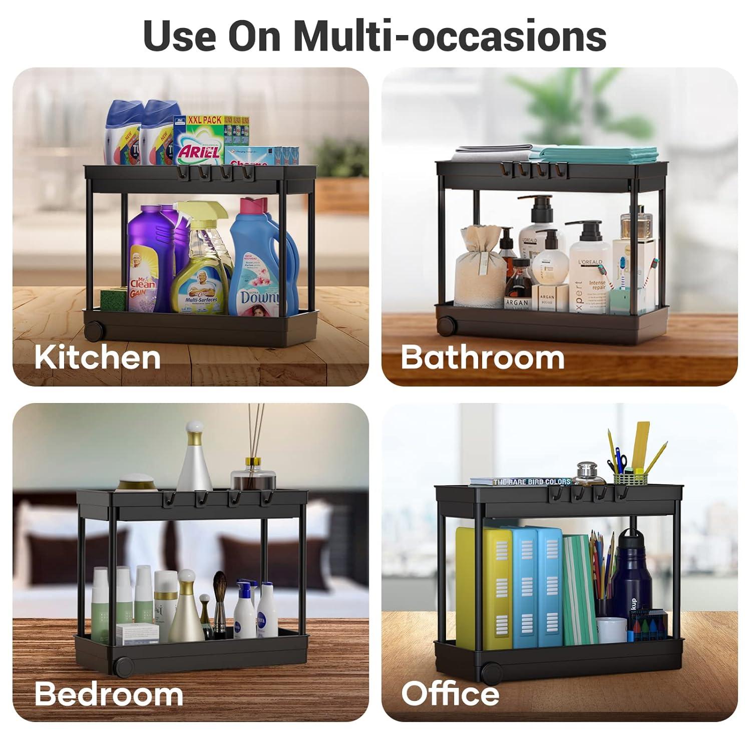 Black 2-Tier Sliding Under Sink Organizer with Hooks